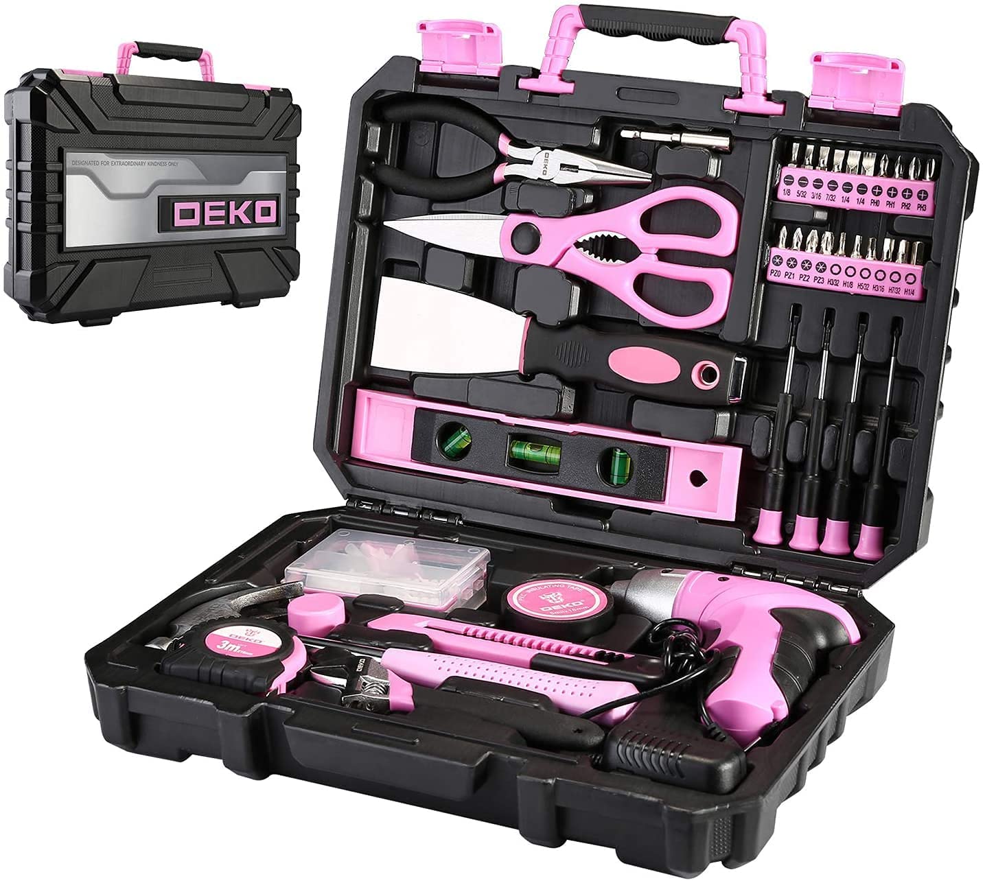 DEKOPRO TOOL KIT ensemble d’outils 98 pièces rose avec visseuse 3,6 V
