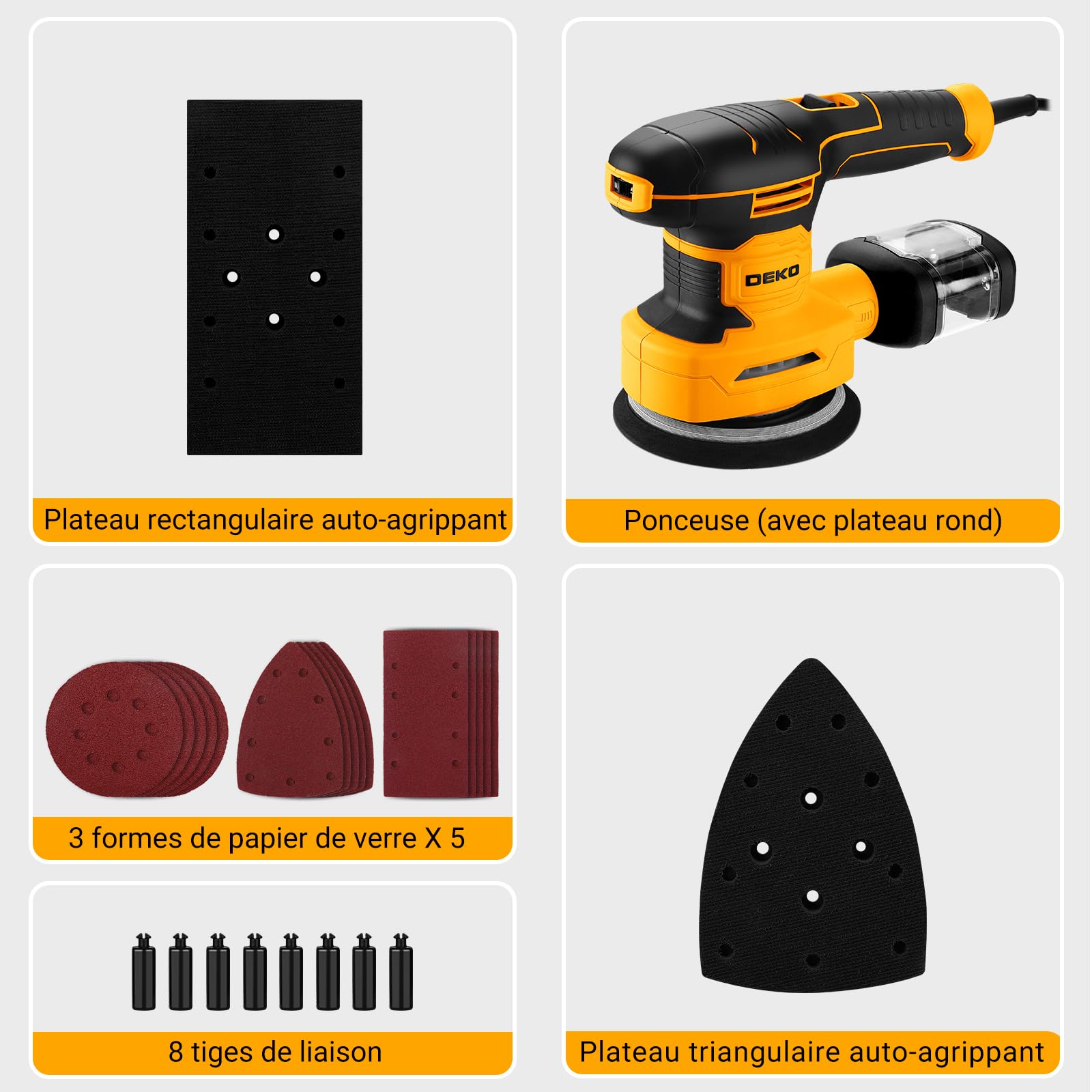 DEKOPRO POWER TOOLS Multifonction 300W ponceuse 3 en 1, 15 abrasifs, 6 vitesses