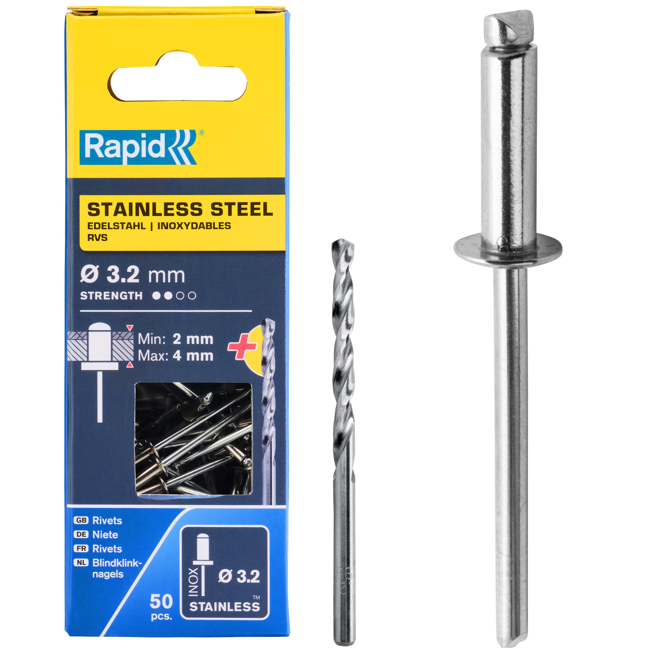 Rapid’os 16 Rivetage Rivets acier inoxydable Ø4,8 x 10 mm, 50 pièces avec foret