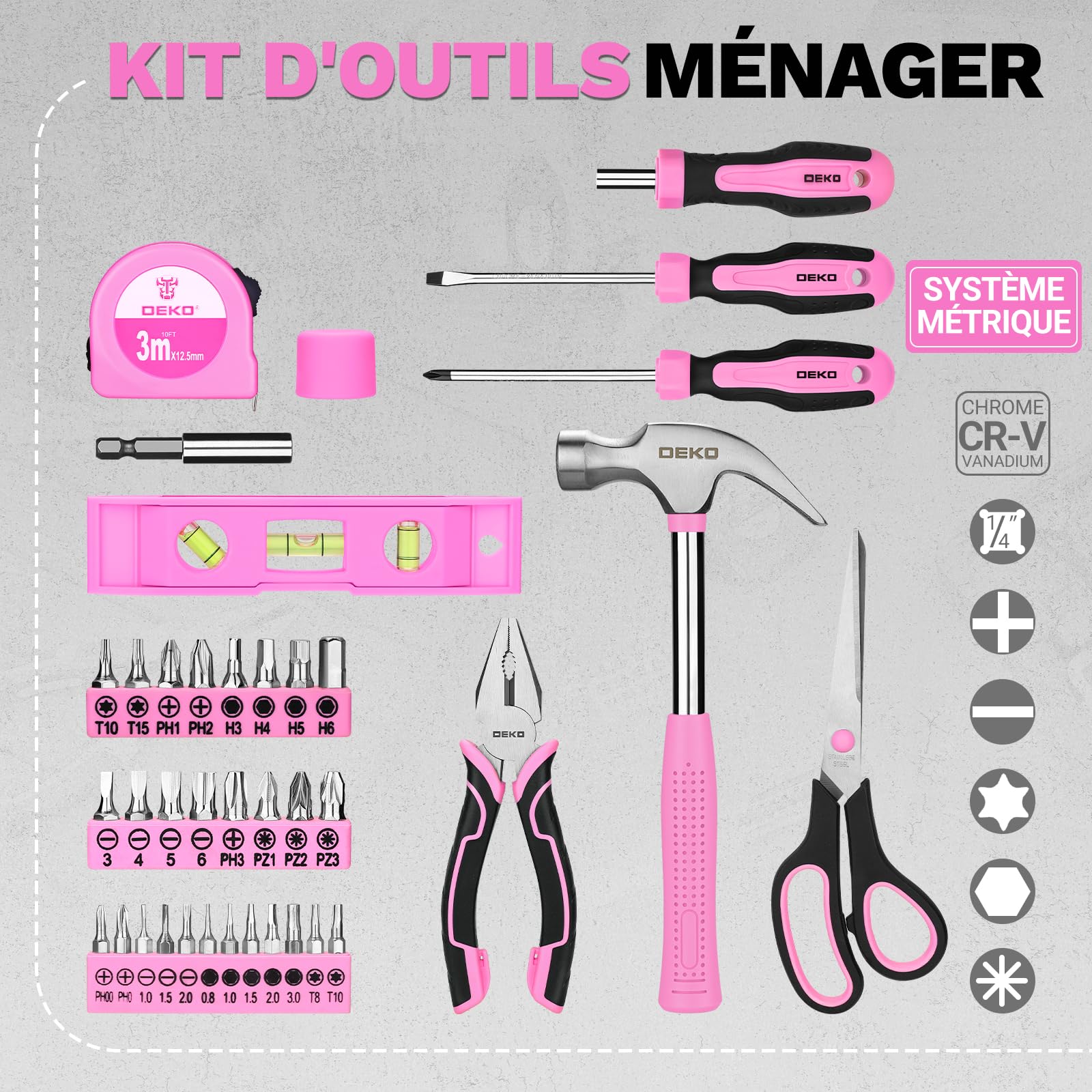 DEKOPRO TOOL KIT boîte à outils 42 pièces rose avec poignées antidérapantes