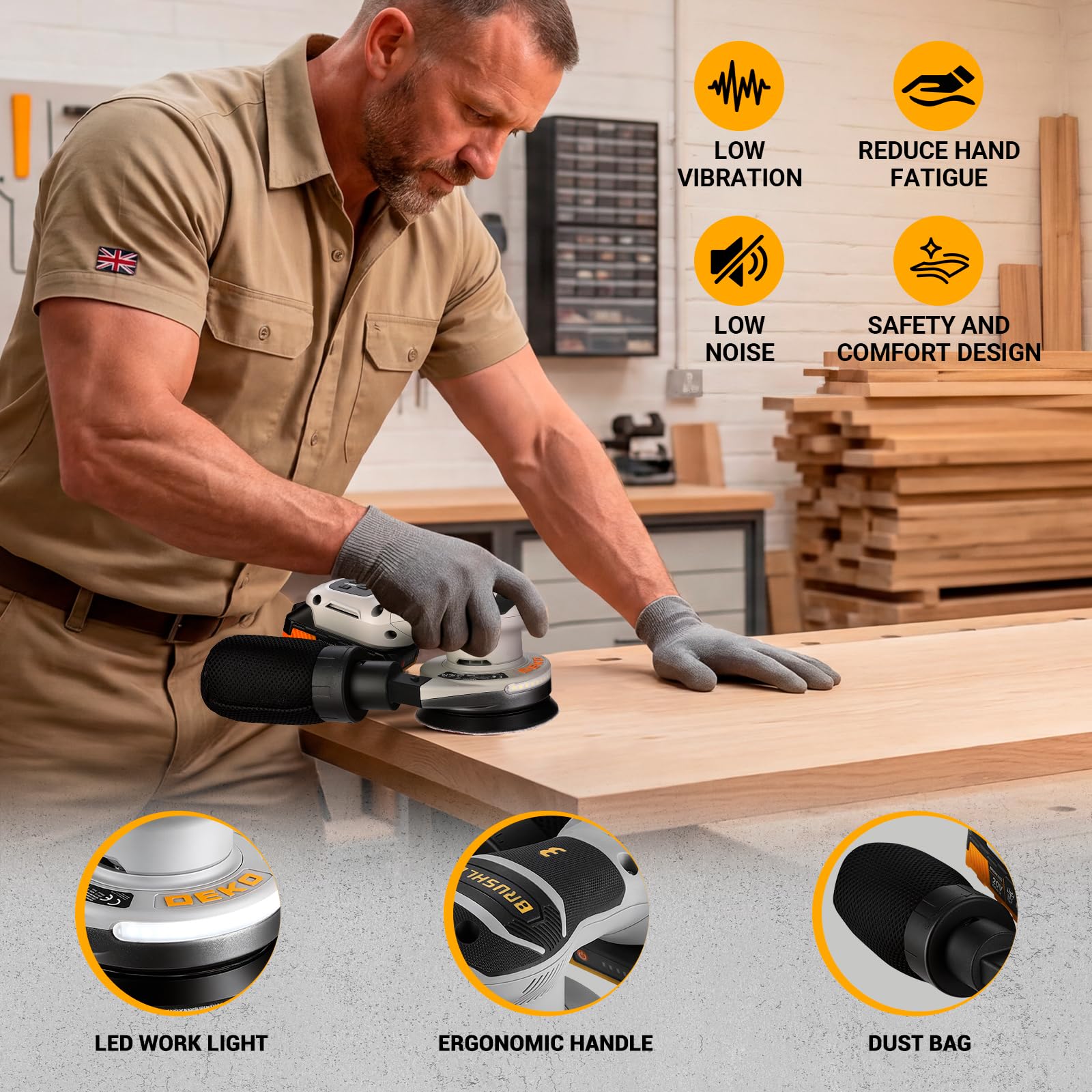 DEKOPRO POWER TOOLS Ponceuse excentrique sans fil 125 mm 2,0 Ah 16 abrasifs