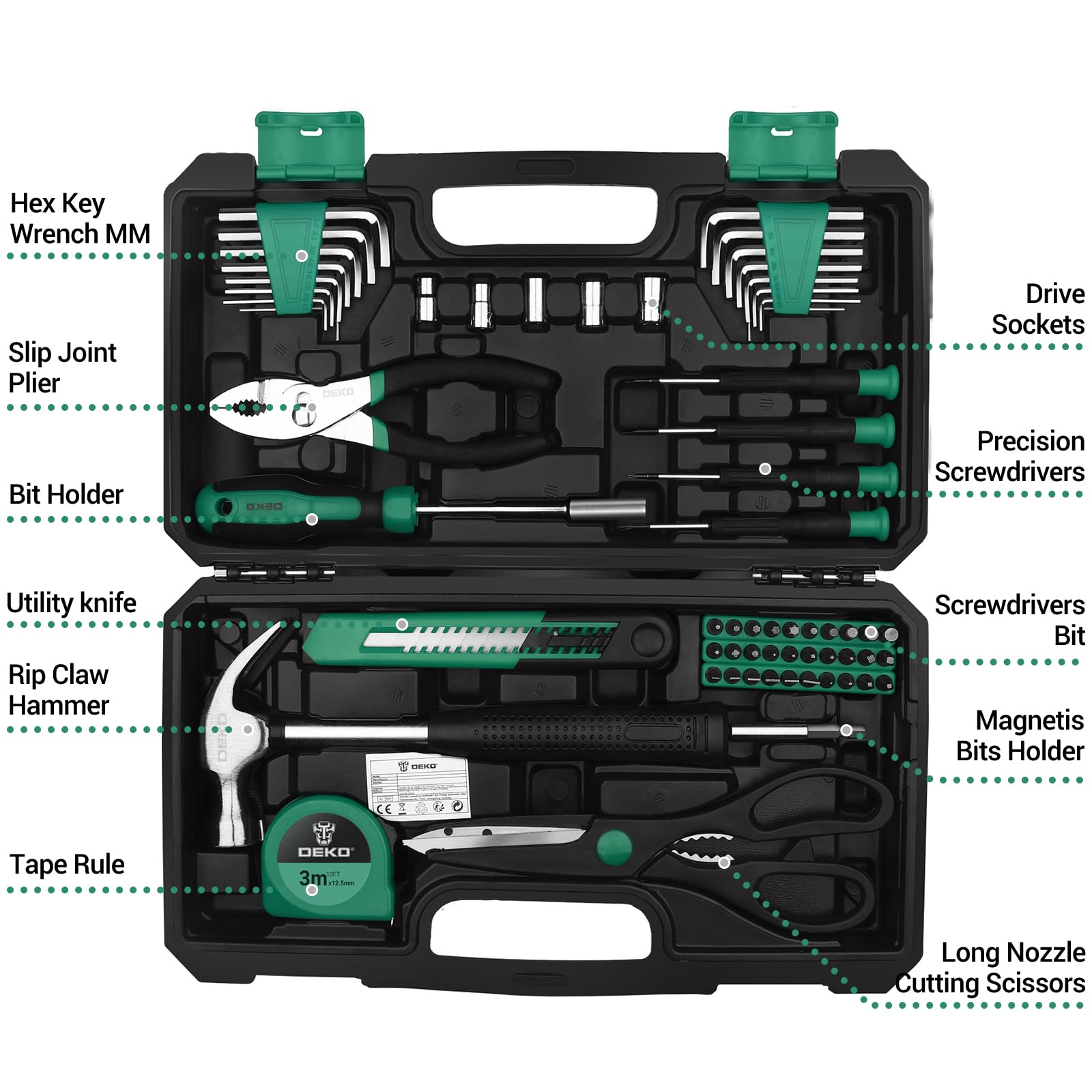 DEKOPRO TOOL KIT TZ62 coffret à outils 62 pièces vert