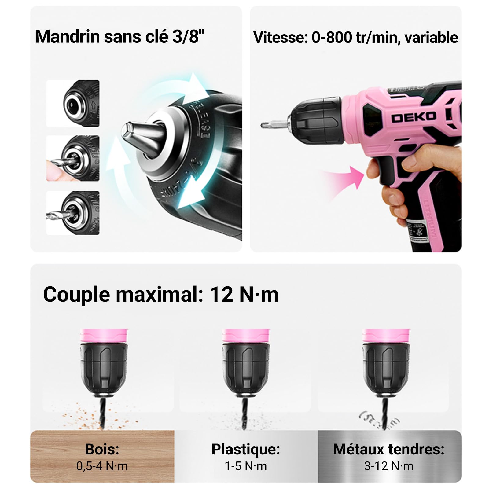 DEKOPRO TOOL KIT perceuse-visseuse sans fil 8 V, 126 pièces, rose