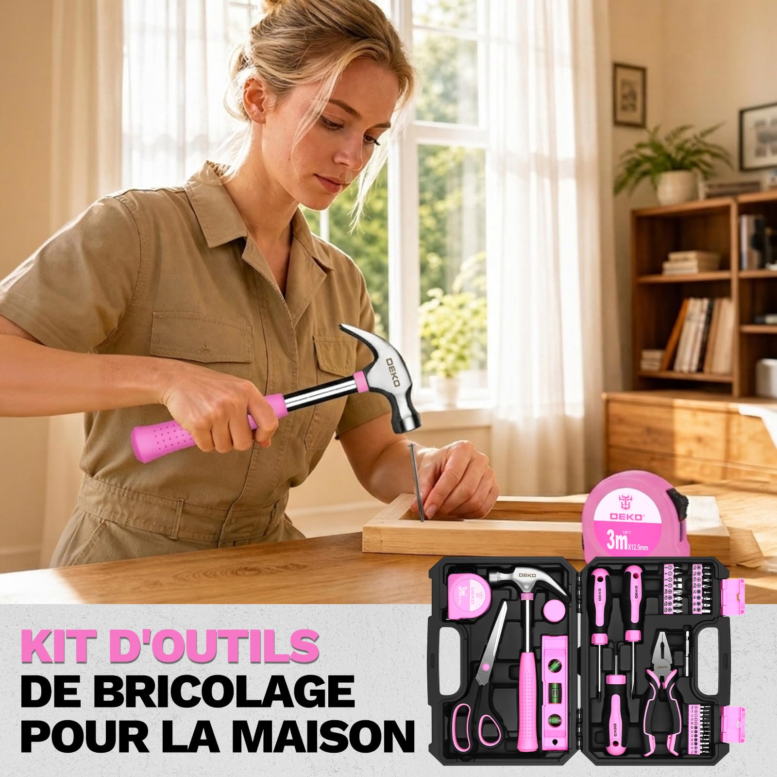 DEKOPRO TOOL KIT boîte à outils 42 pièces rose avec poignées antidérapantes