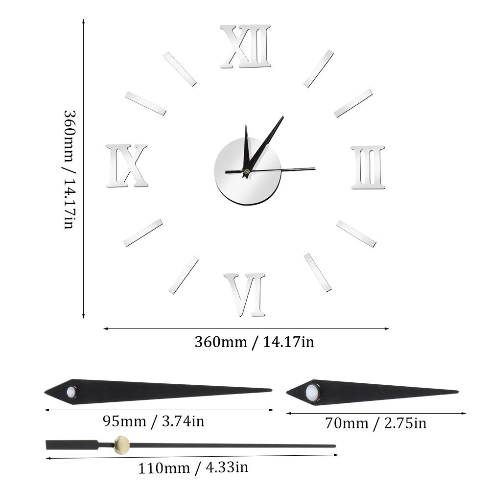 Omabeta Home Décor & Bathroom Décor horloge murale 3D argent à chiffres romains sans cadre