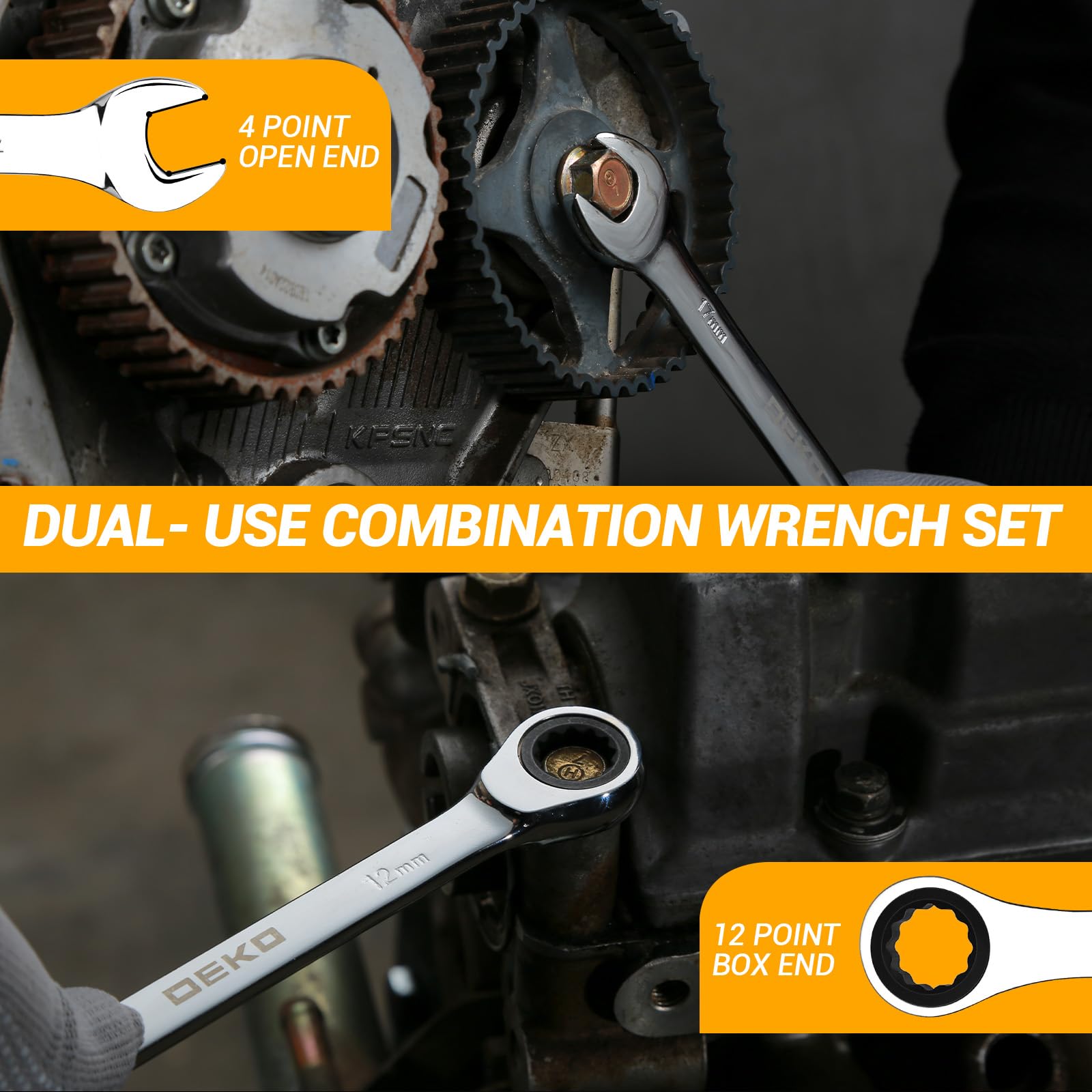 DEKOPRO SOCKET SET jeu de clés plates à cliquet 72 dents 12 pièces argent fixe