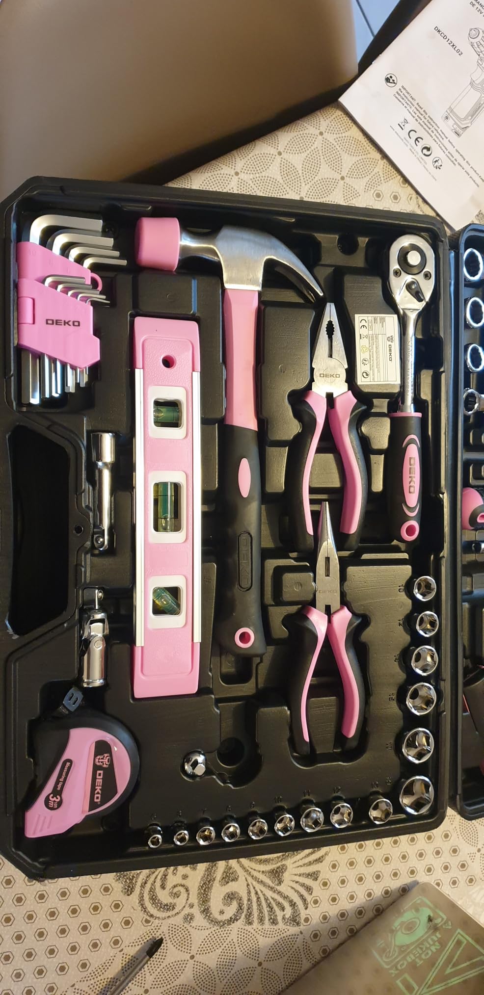 DEKOPRO TOOL KIT caisse à outils 238 pièces avec visseuse 12 V rose