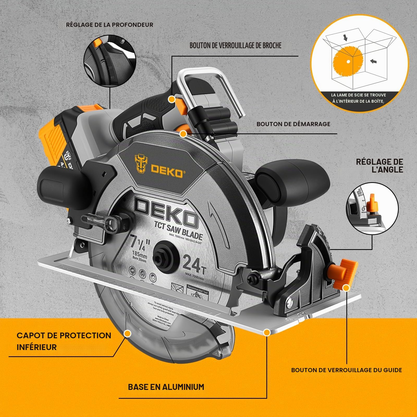 DEKOPRO POWER TOOLS scie circulaire sans fil 20 V 185 mm 2 batteries