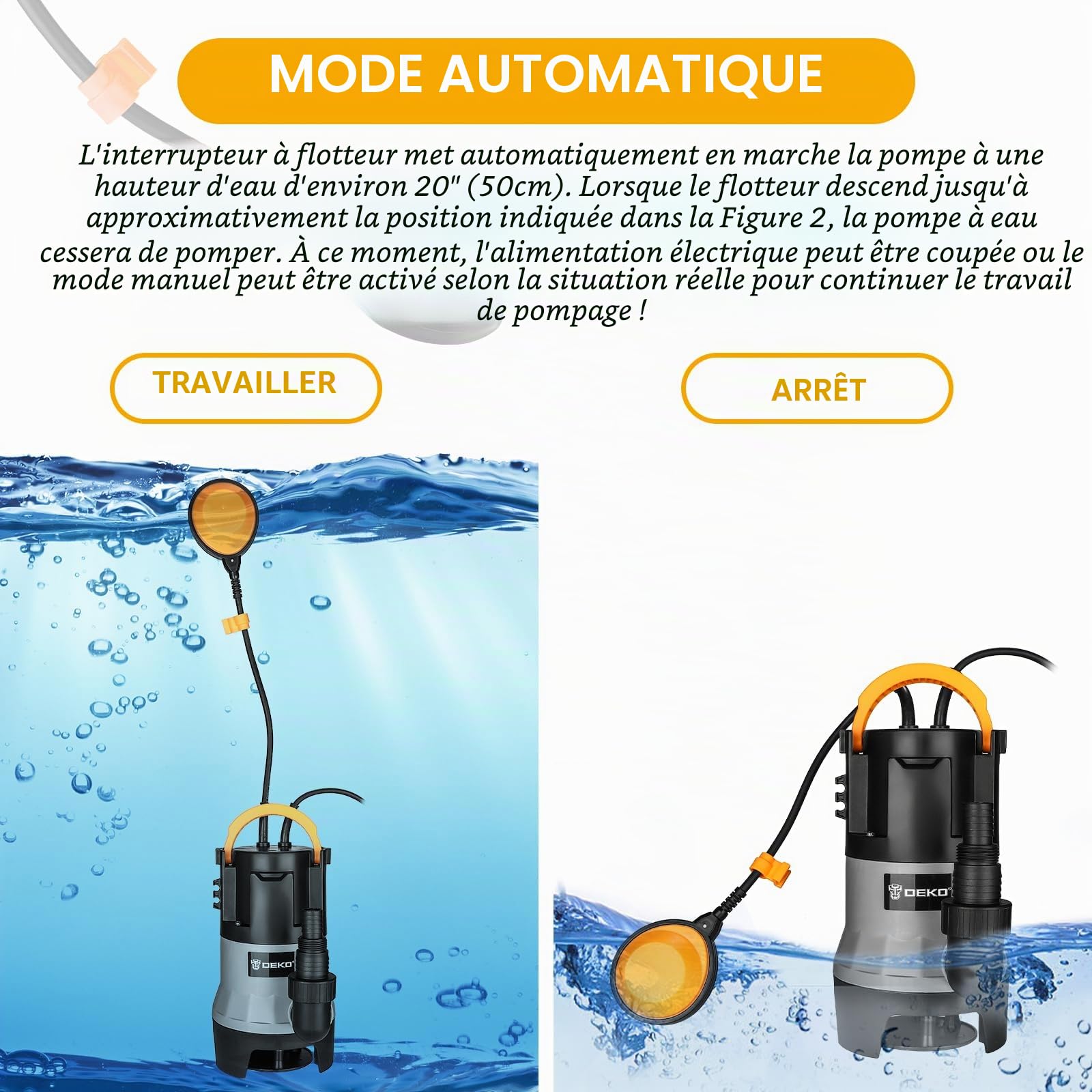 DEKOPRO SUMP PUMP pompe submersible 400 W eaux sales à flotteur