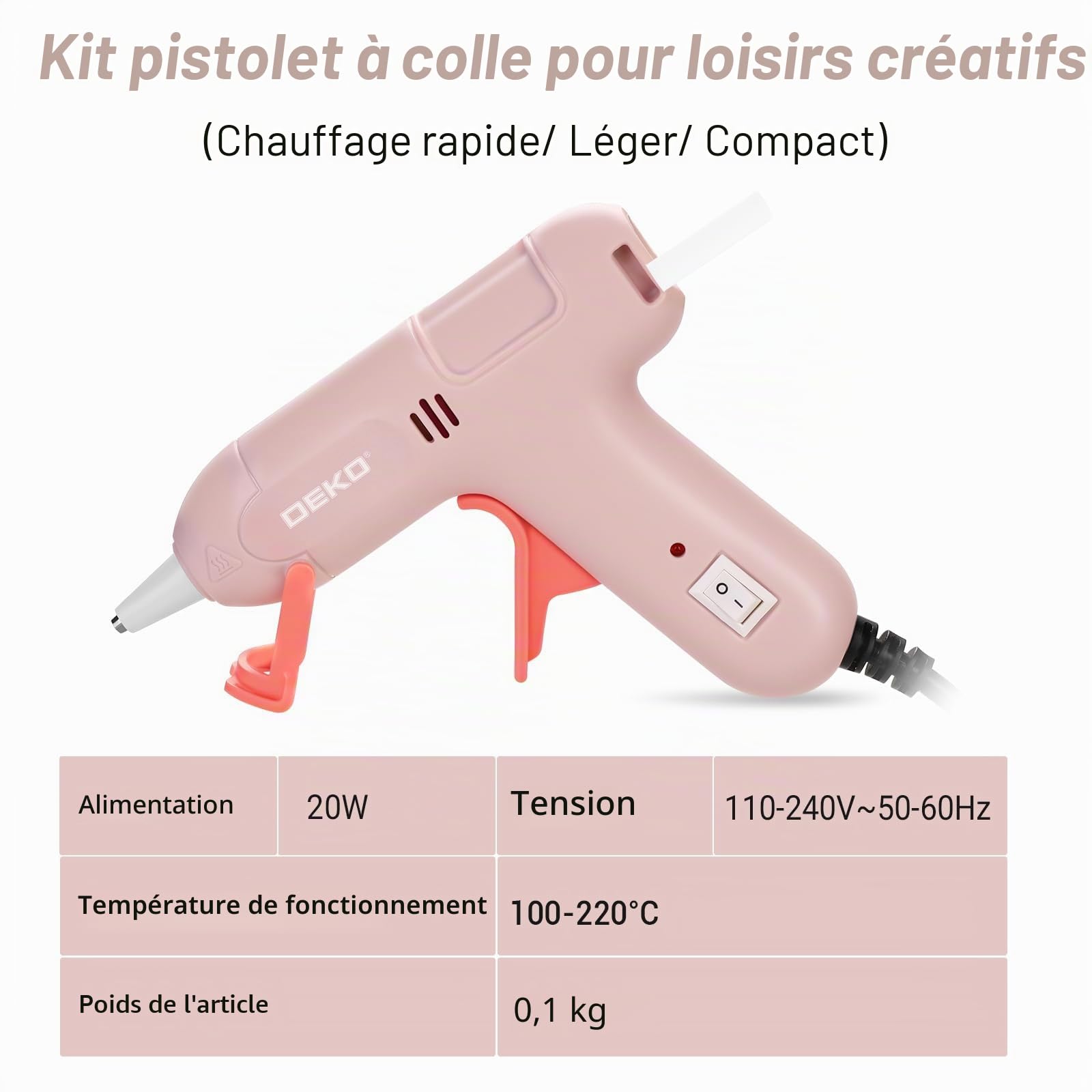 DEKOPRO POWER TOOLS pistolet à colle 20 W rose 60 bâtons réglable