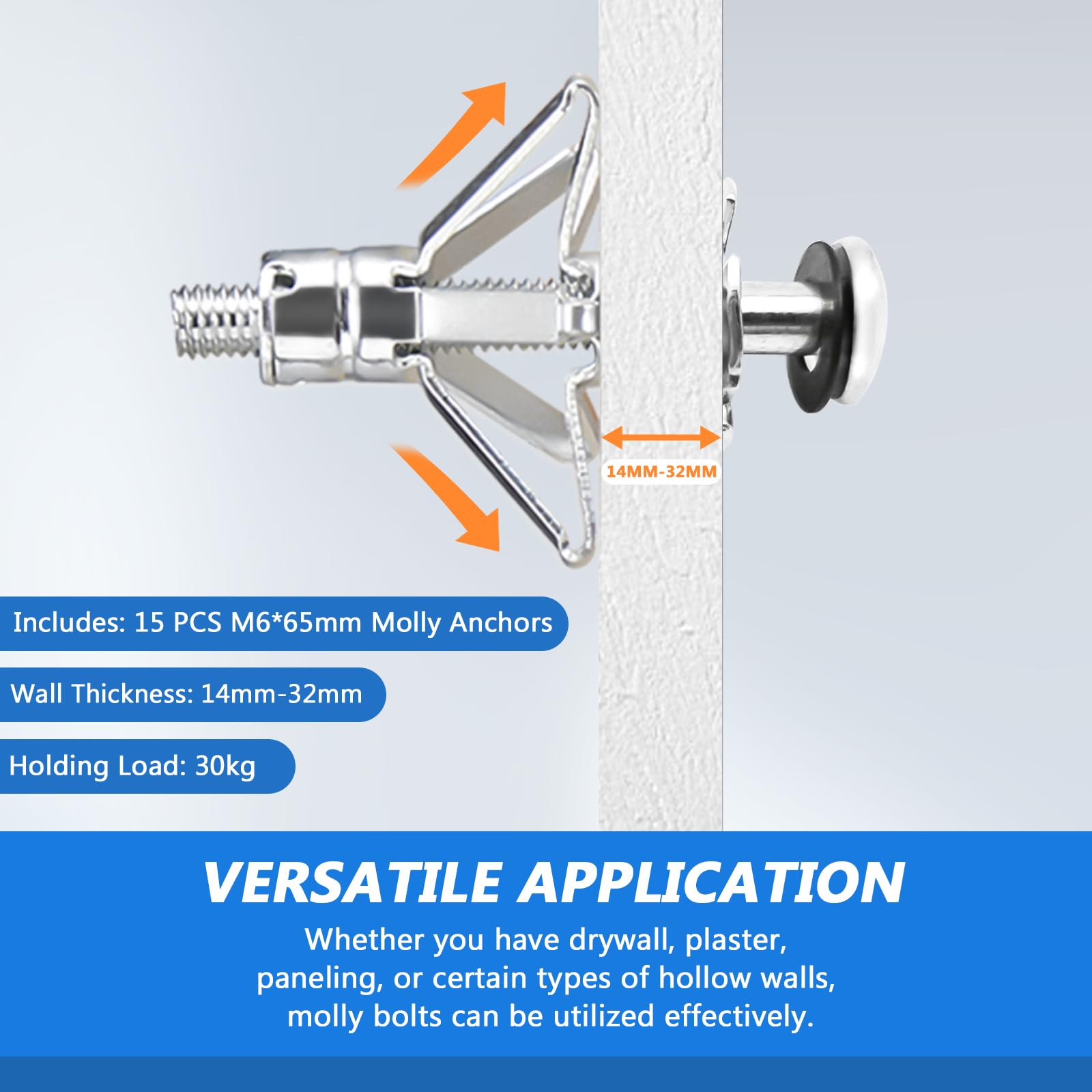 AKKTOL Molly Bolts & Hollow Wall Anchors chevilles M6 x 65 mm 15 pièces zinguées