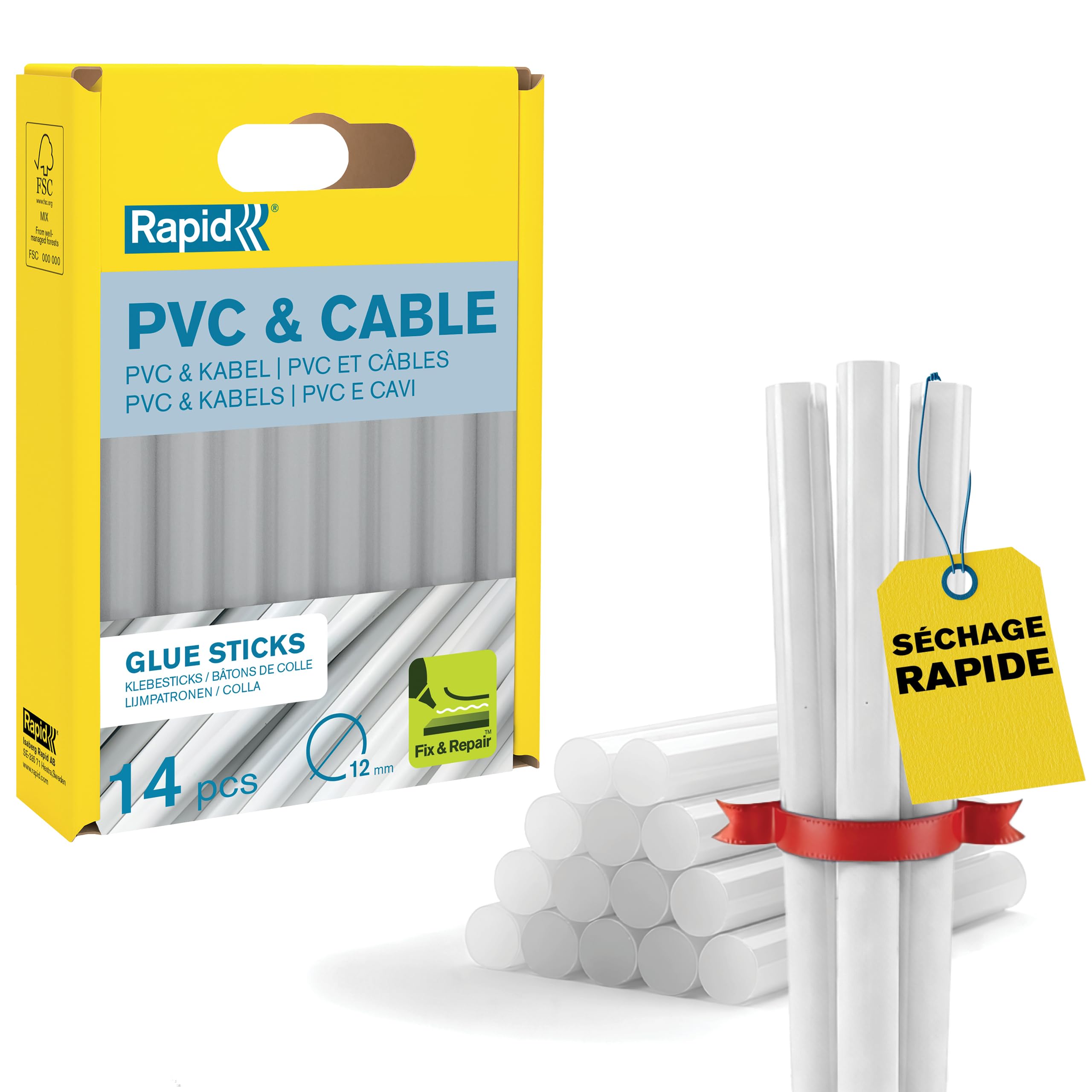 Rapid’os 16 Collage bâtons de colle thermofusible PVC et câbles 12 mm 14 pièces transparents