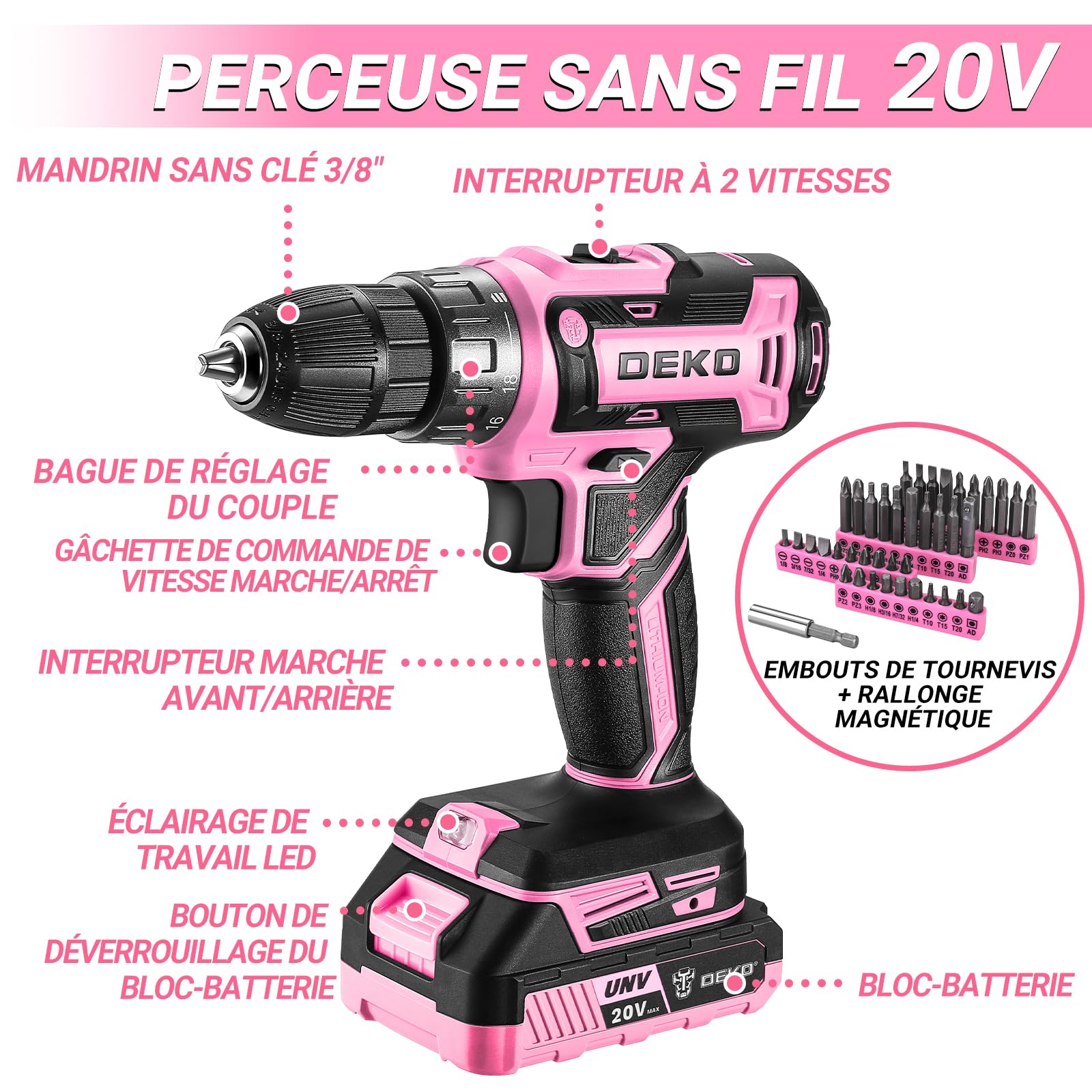 DEKOPRO TOOL KIT coffret 186 pièces bleu avec perceuse 20 V