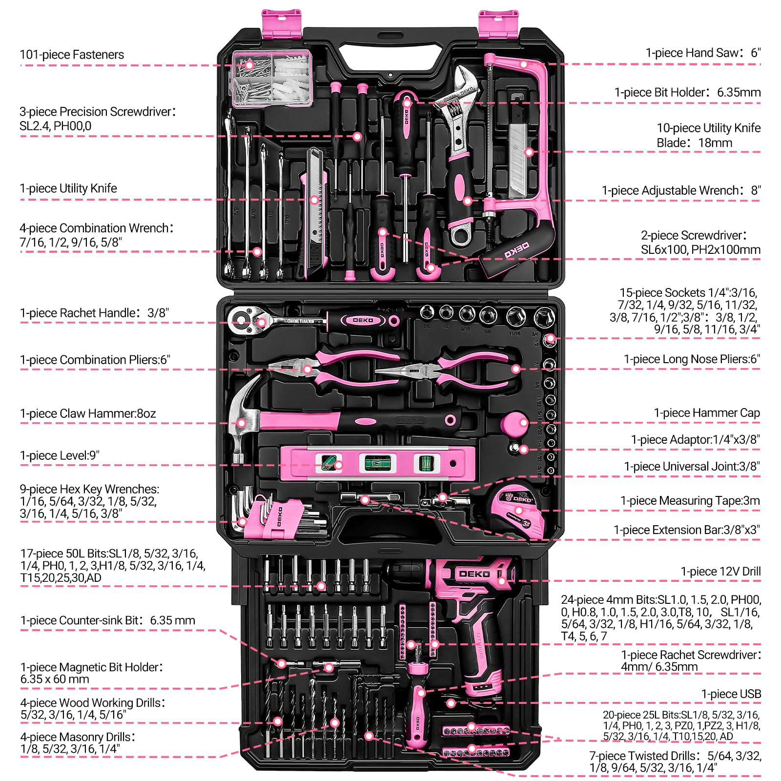 DEKOPRO TOOL KIT kit d’outils 238 pièces rose avec perceuse 12 V