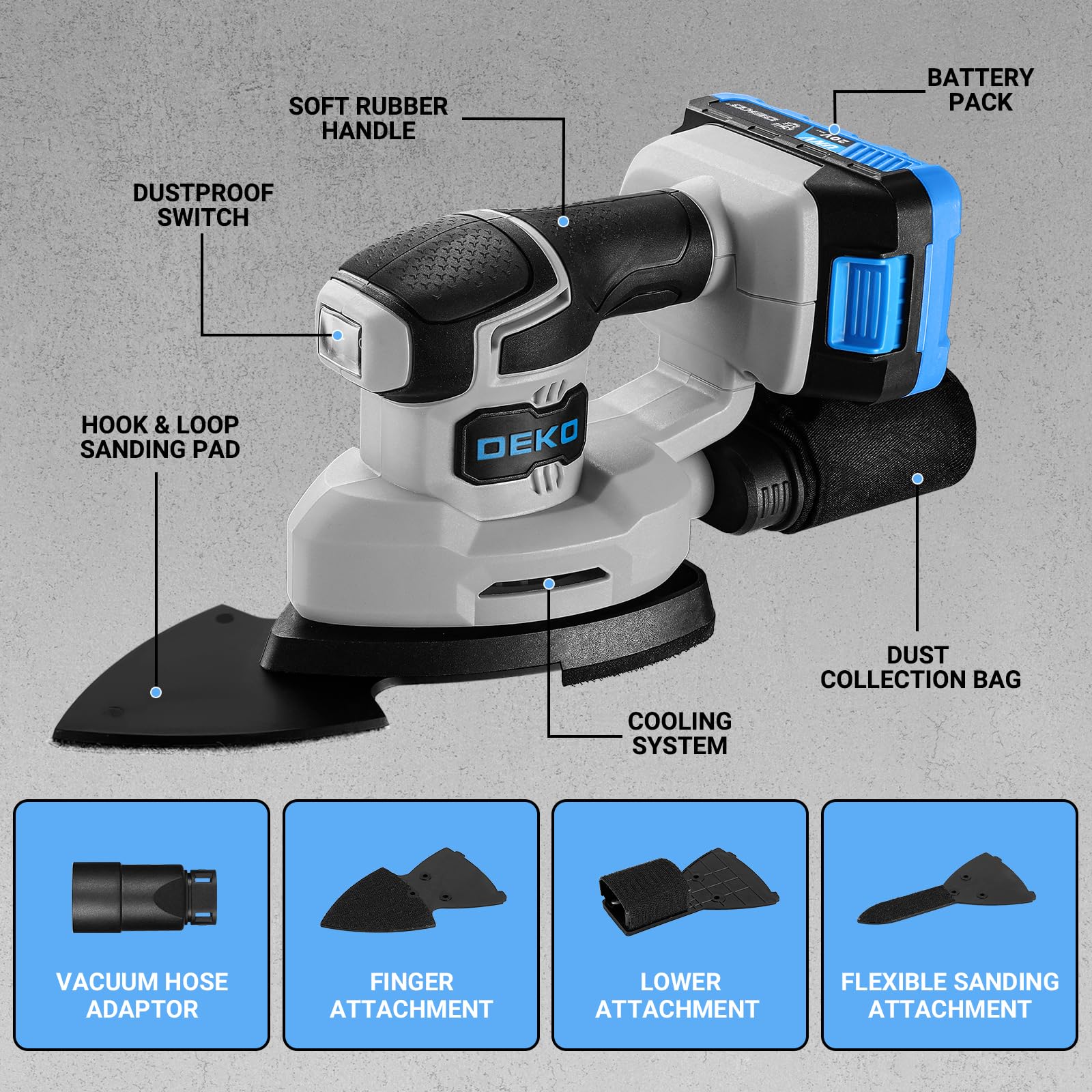 DEKOPRO POWER TOOLS ponceuse delta sans fil bleue 20 V avec batterie