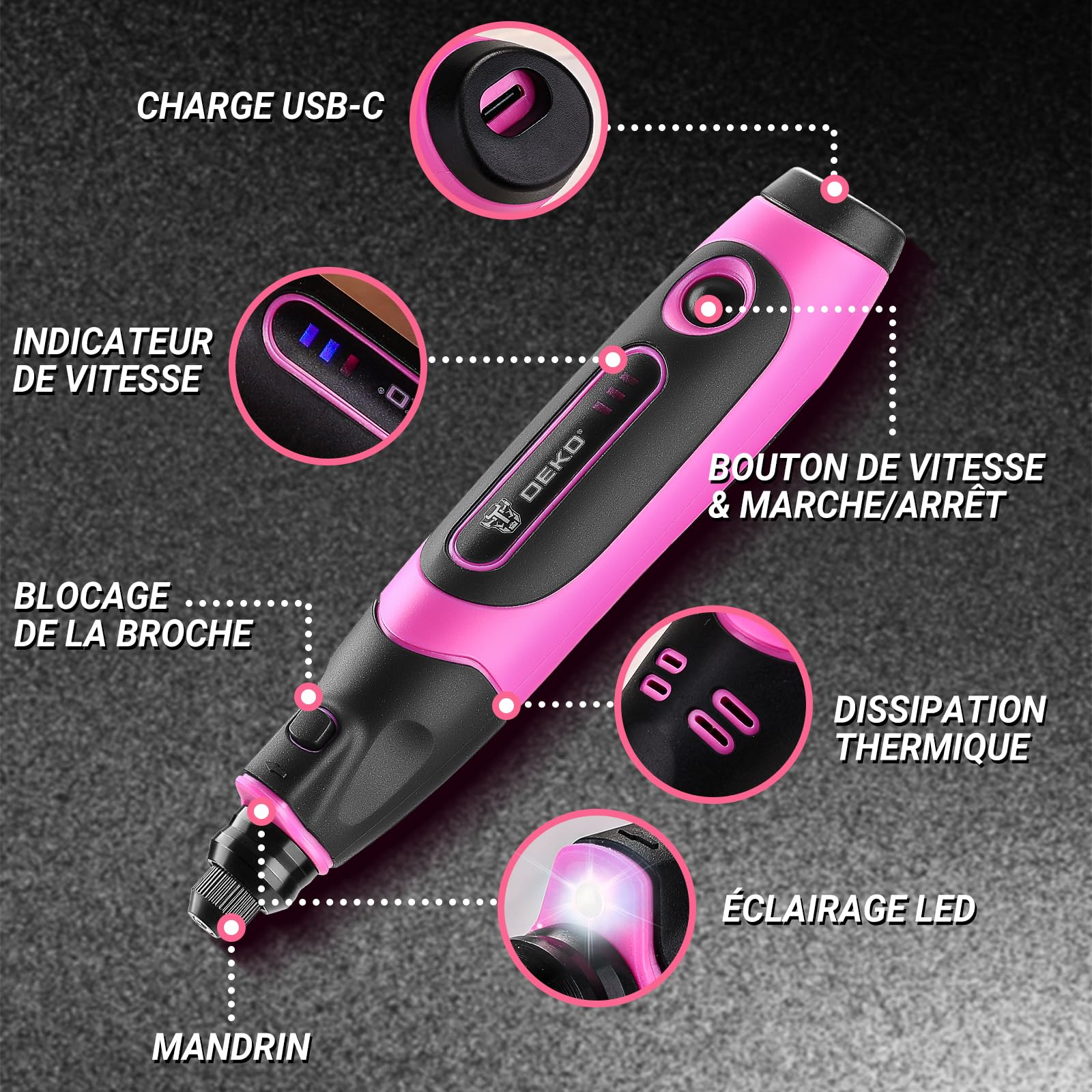 DEKOPRO POWER TOOLS outil rotatif multifonction sans fil rose 70 accessoires