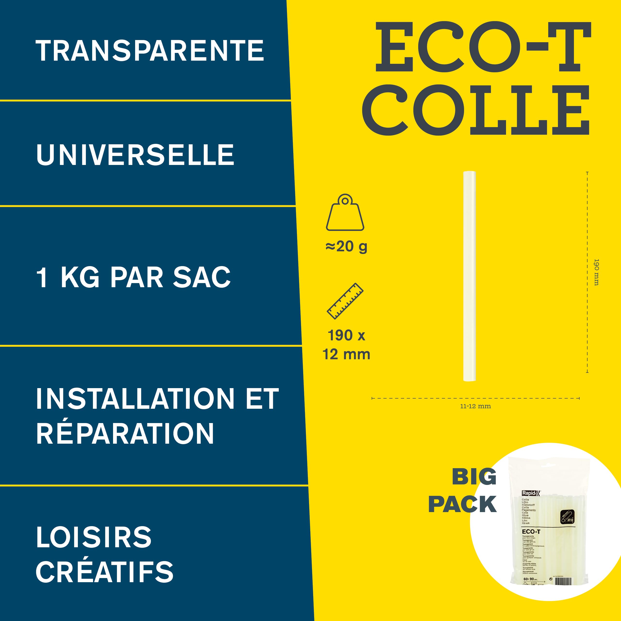 Rapid Collage ECO-T bâtons de colle 12 mm, 1 kg, transparents