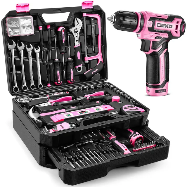 DEKOPRO TOOL KIT caisse à outils 238 pièces avec visseuse 12 V rose
