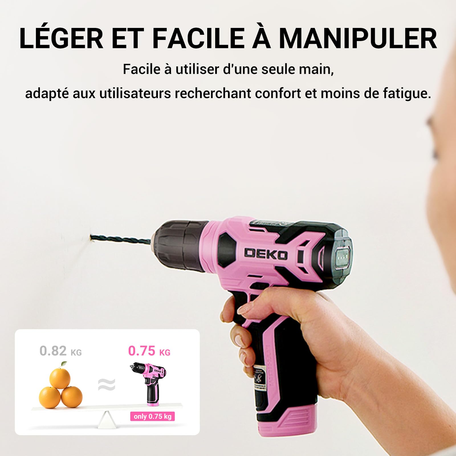 DEKOPRO TOOL KIT perceuse-visseuse sans fil 8 V, 126 pièces, rose