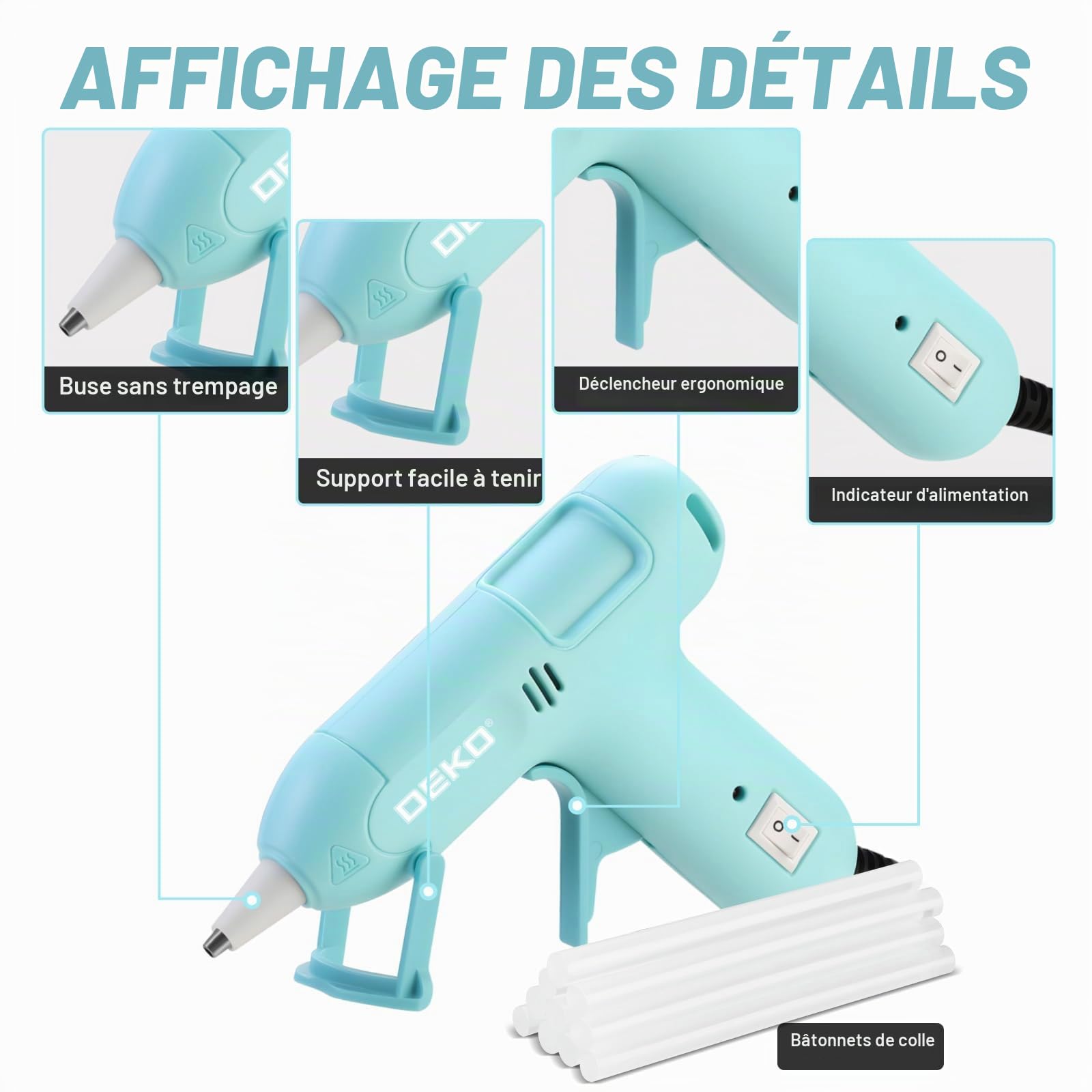 DEKOPRO POWER TOOLS pistolet à colle 20 W bleu 60 bâtons réglable