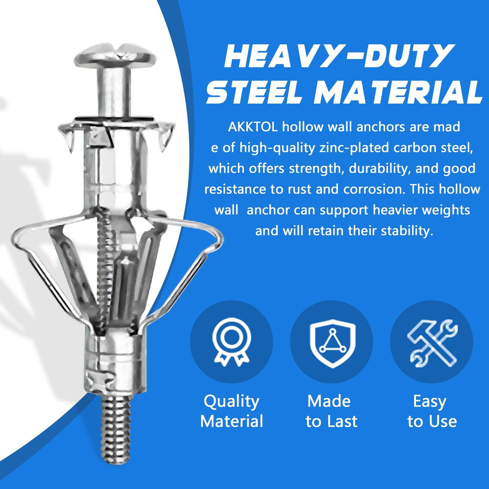 AKKTOL Molly Bolts & Hollow Wall Anchors chevilles M4 x 46 mm 30 pièces galvanisées avec vis