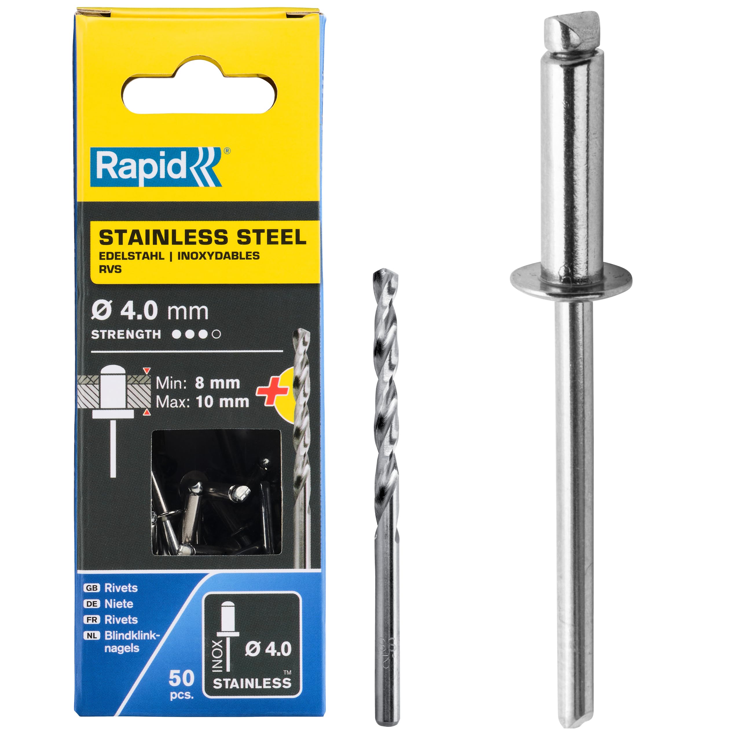Rapid’os 16 Rivetage Rivets acier inoxydable Ø4,8 x 10 mm, 50 pièces avec foret