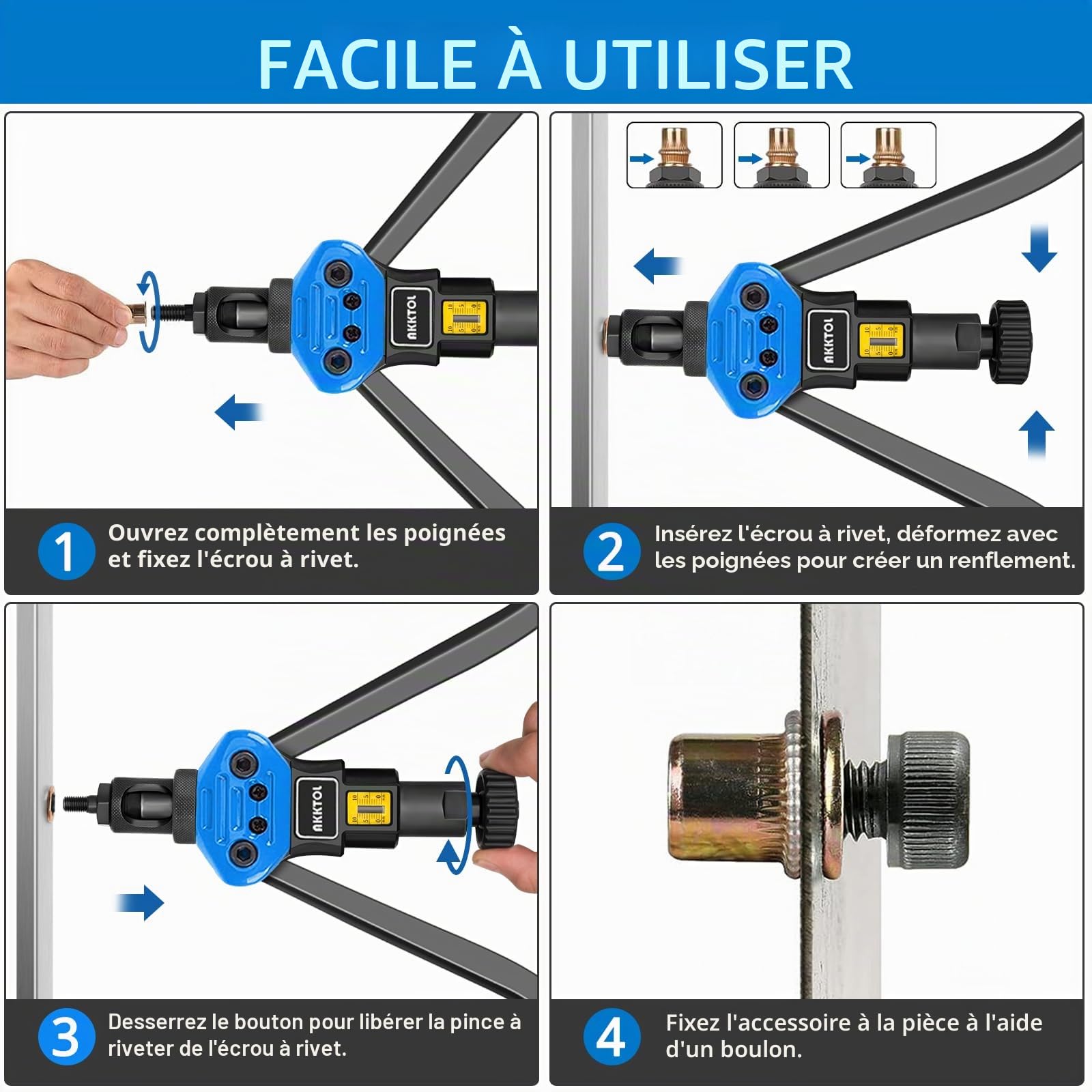 AKKTOL Rivet Nut Tools BT607 pince à écrous à sertir bleue, kit 80 pièces
