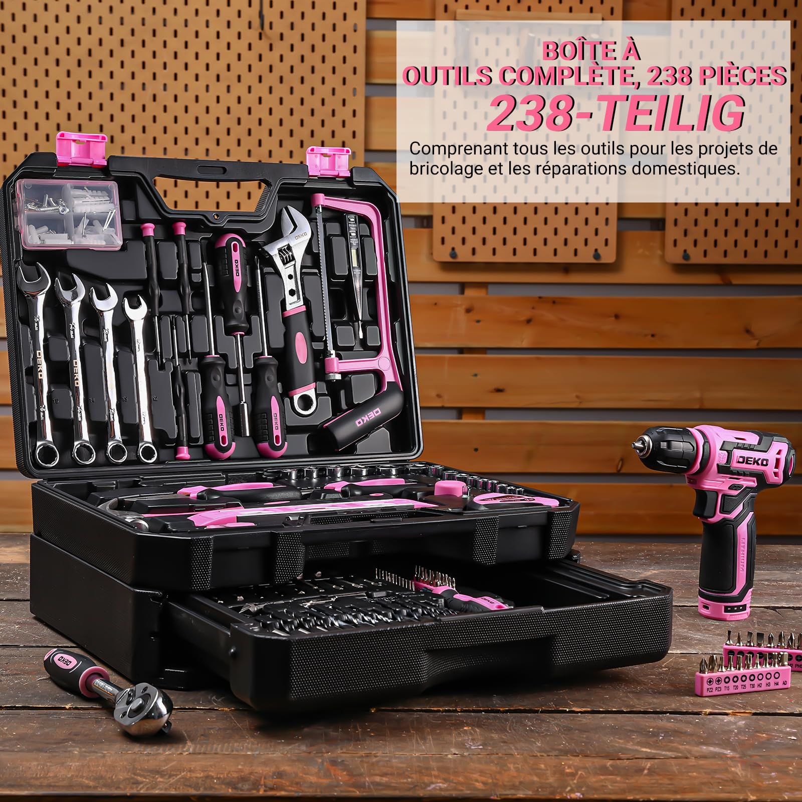 DEKOPRO TOOL KIT caisse à outils 238 pièces avec visseuse 12 V rose