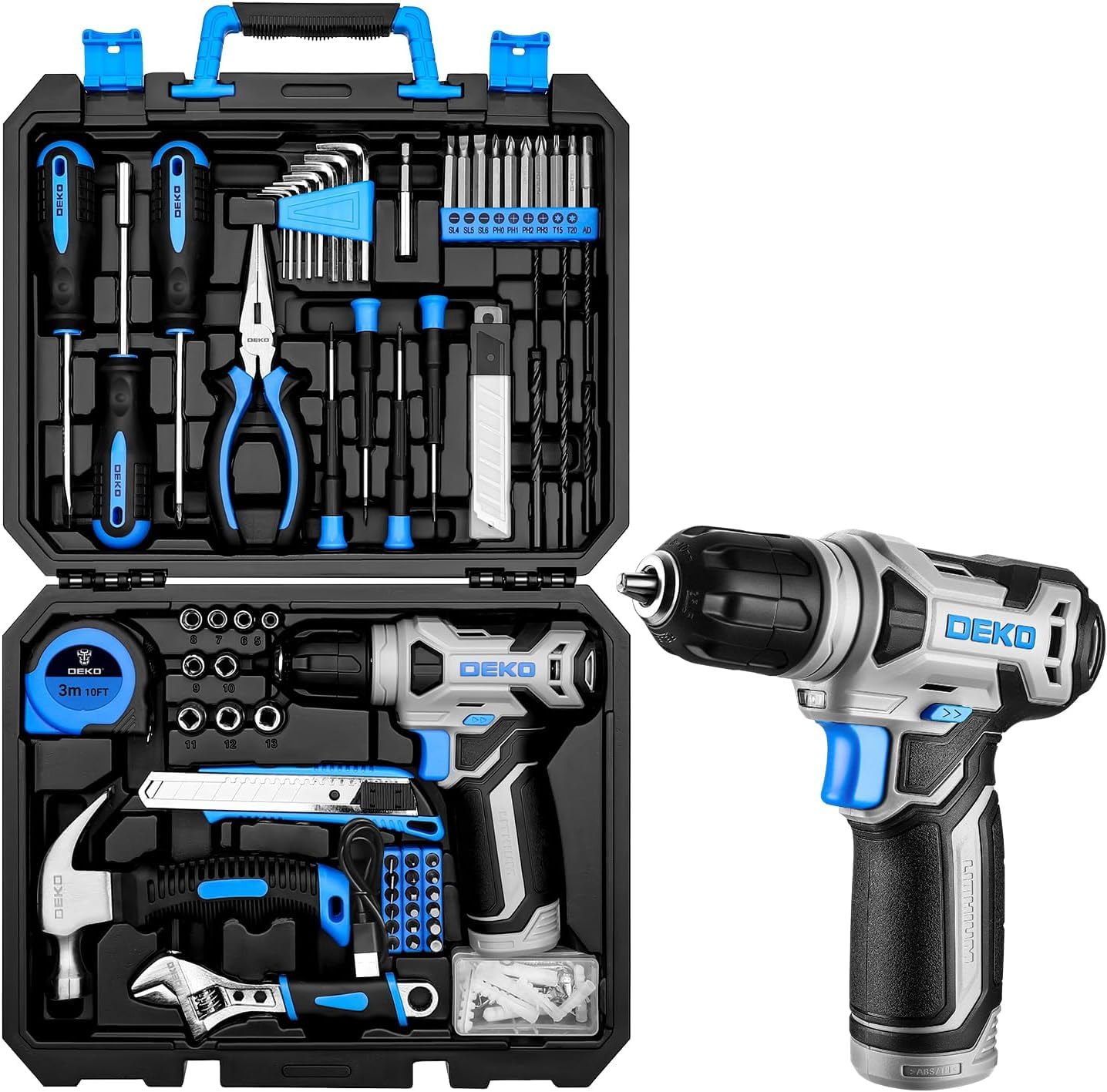 DEKOPRO TOOL KIT kit d’outils 126 pièces bleu gris avec perceuse 8 V