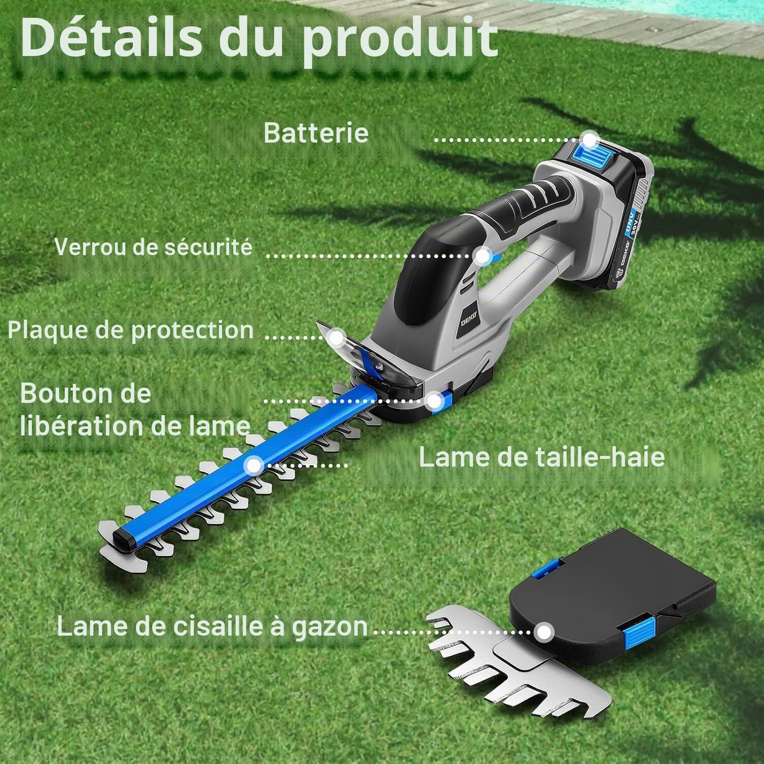 DEKOPRO GARDEN TOOLS Taille-haie 2-en-1 sans fil 20 V, batterie 2 Ah