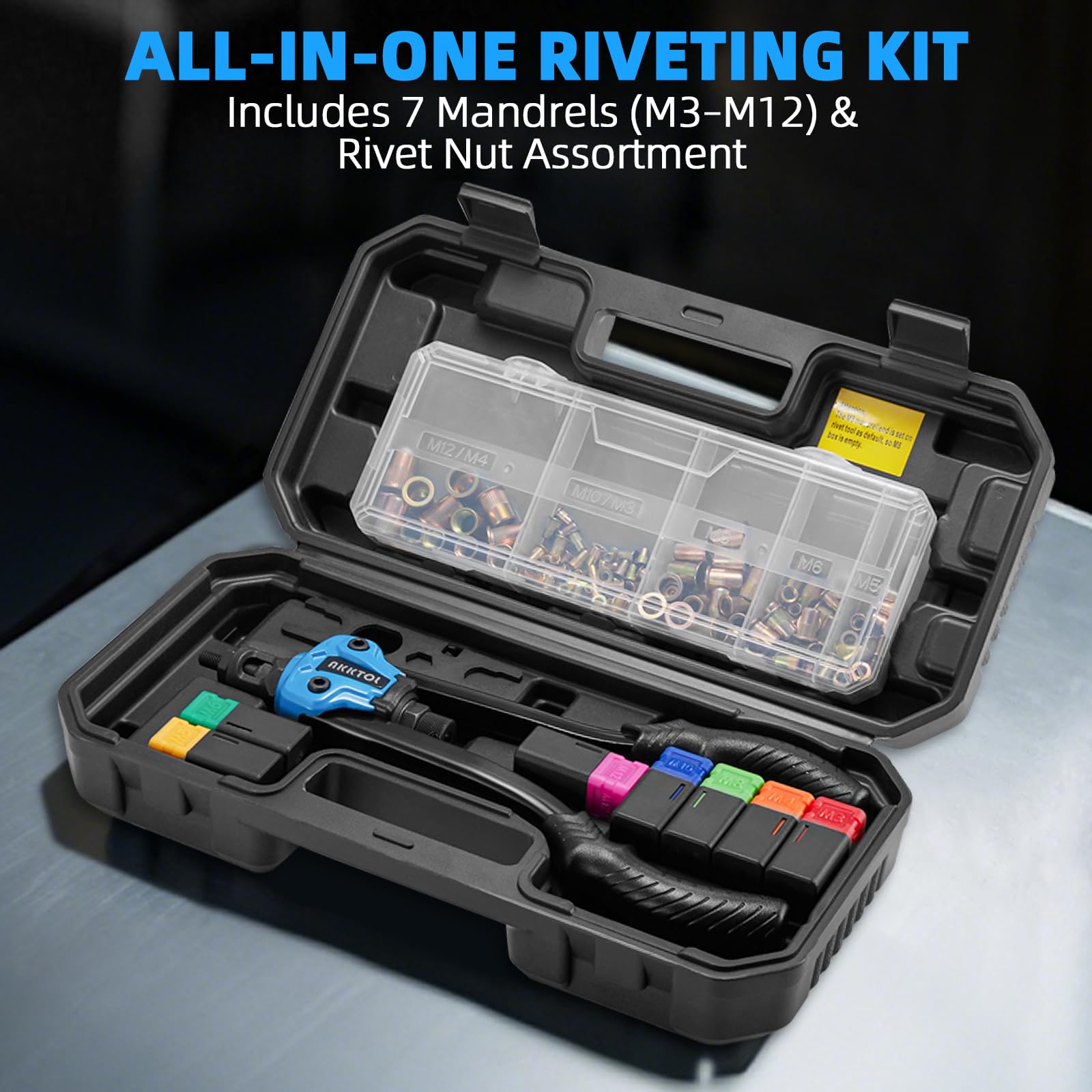 AKKTOL Rivet Nut Tools pince à insert fileté avec coffret, 7 mandrins M3-M12