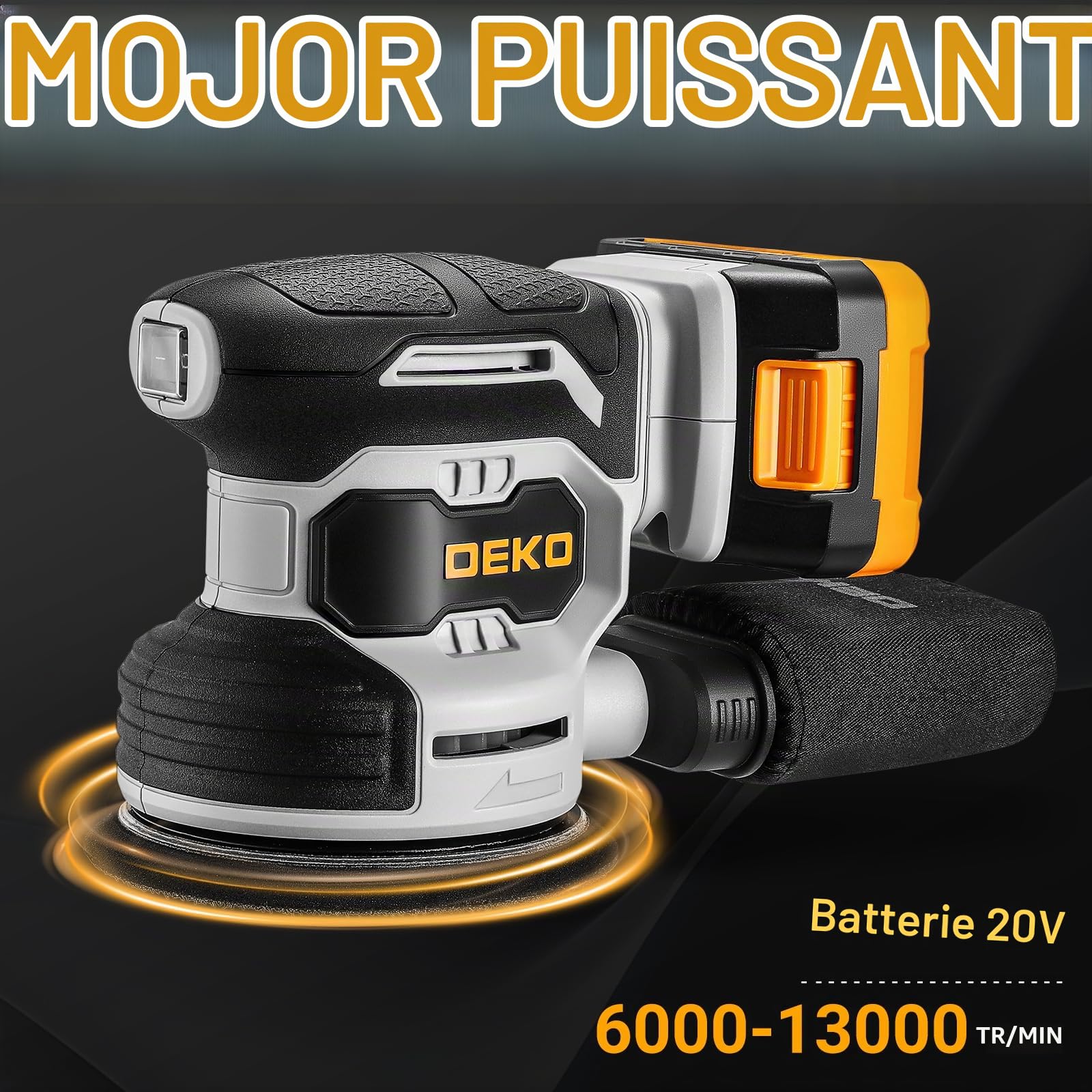 DEKOPRO POWER TOOLS ponceuse excentrique sans fil 20 V, 125 mm, 15 abrasifs