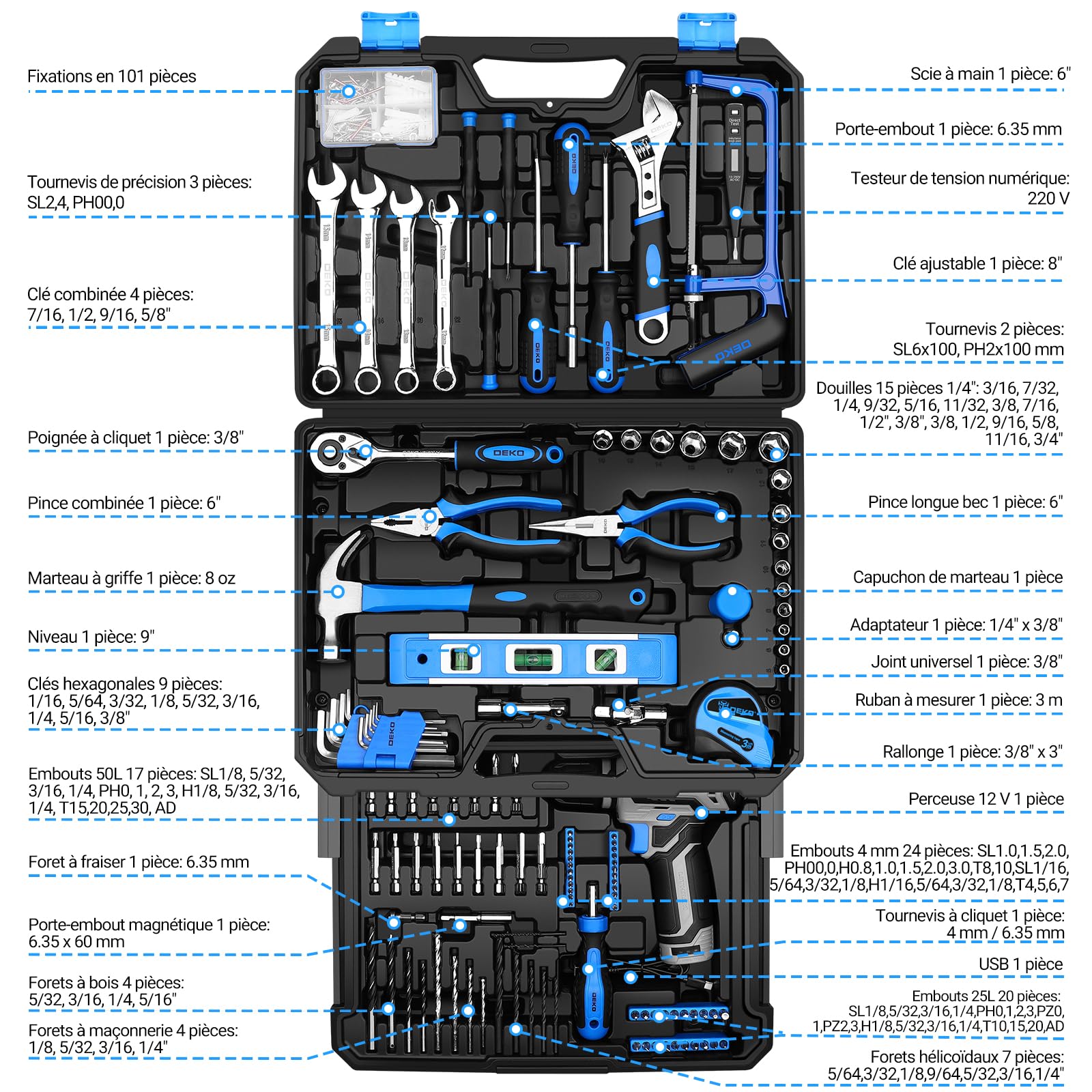 DEKOPRO TOOL KIT 238 pièces caisse à outils avec visseuse 12 V bleue