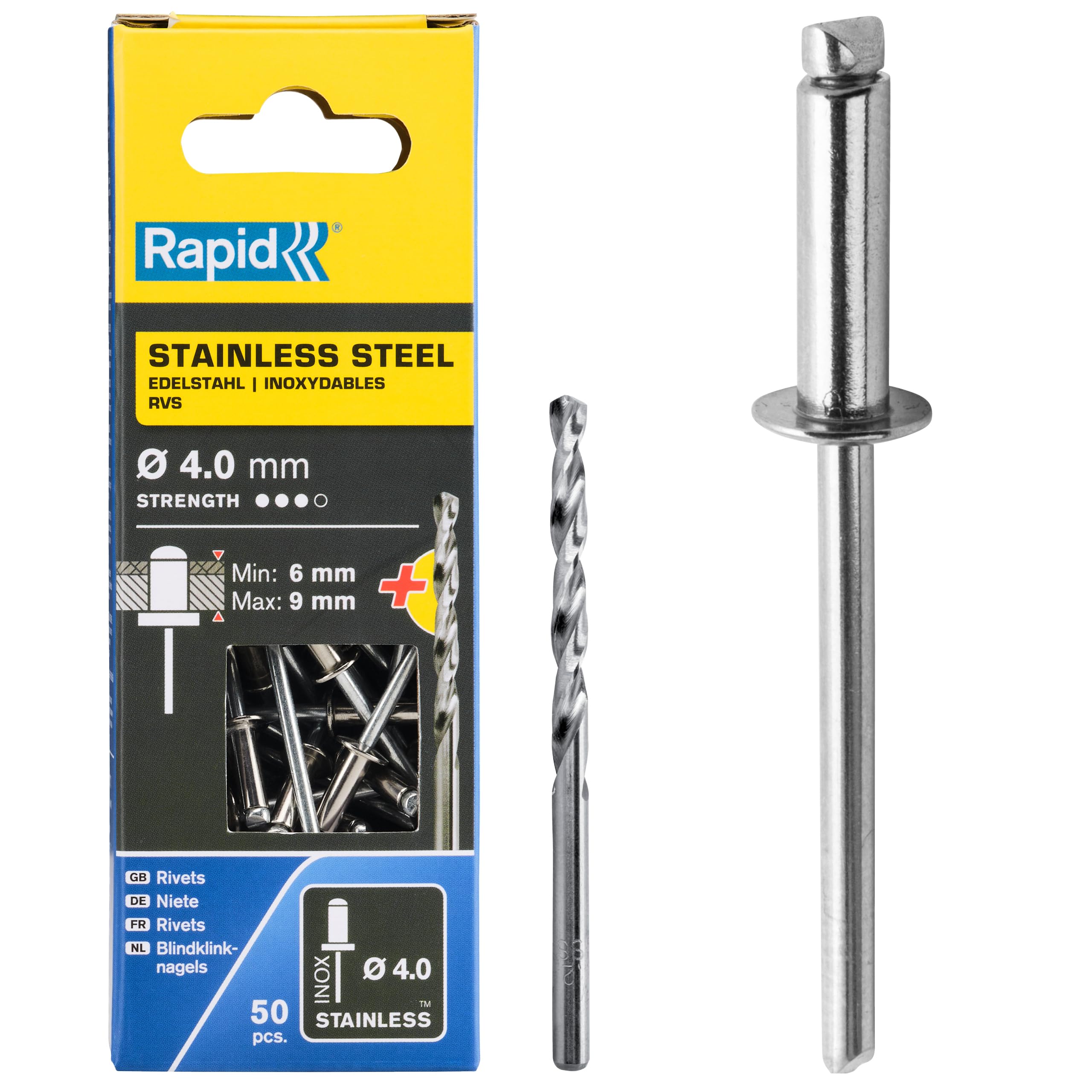Rapid’os 16 Rivetage Rivets acier inoxydable Ø4,8 x 10 mm, 50 pièces avec foret