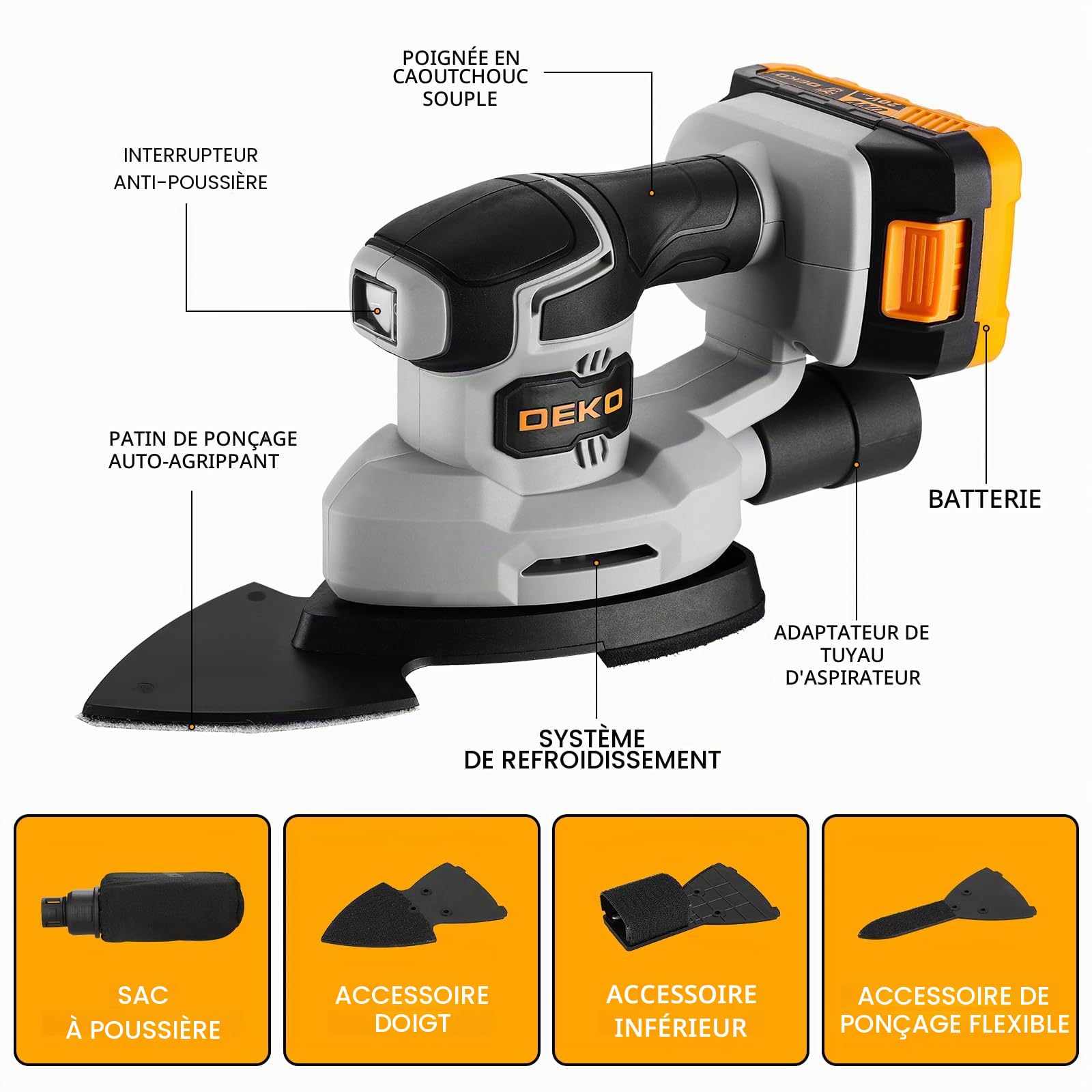 DEKOPRO POWER TOOLS ponceuse delta sans fil 20 V 13000 tr/min avec dépoussiéreur