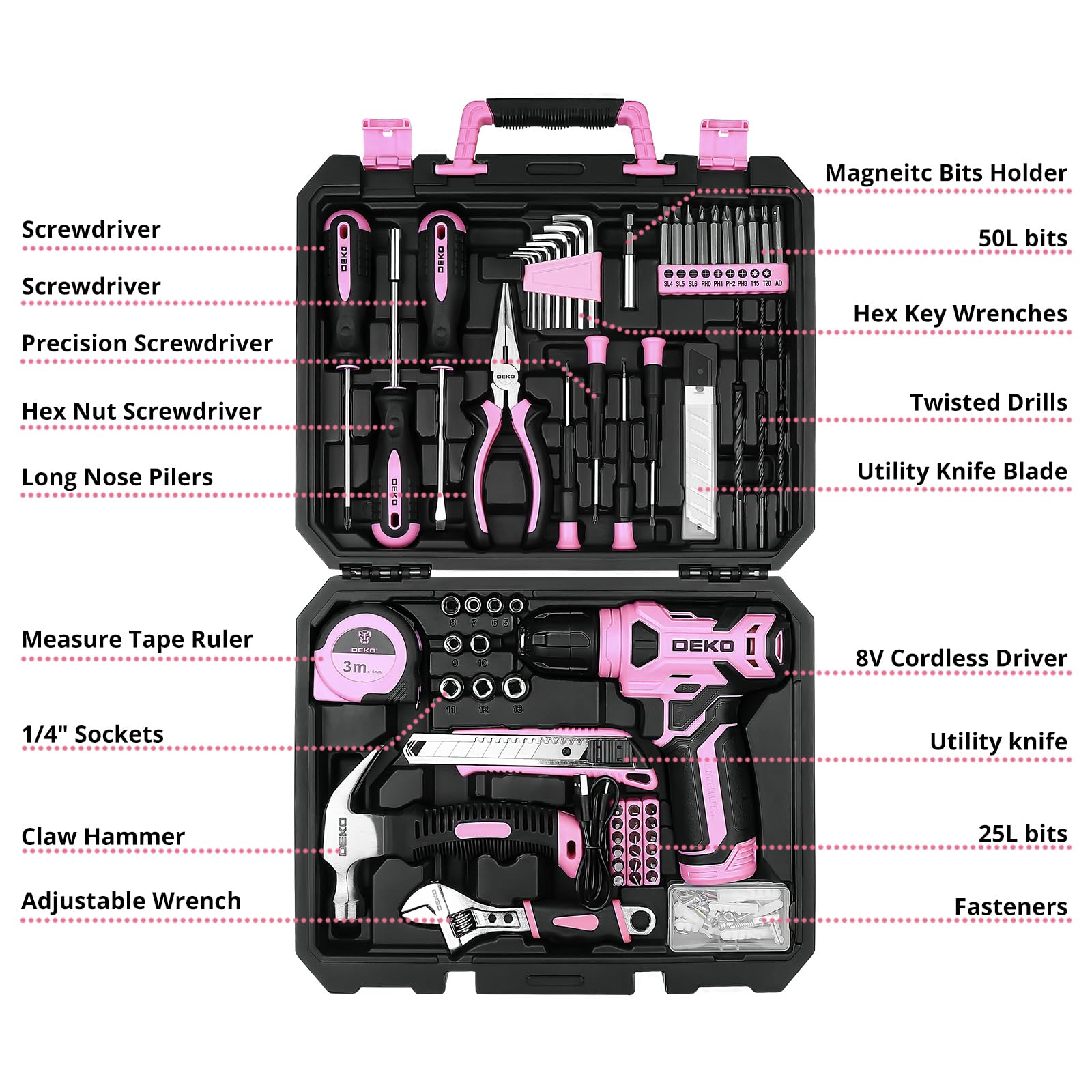DEKOPRO TOOL KIT 126 pièces perceuse sans fil rose 8 V