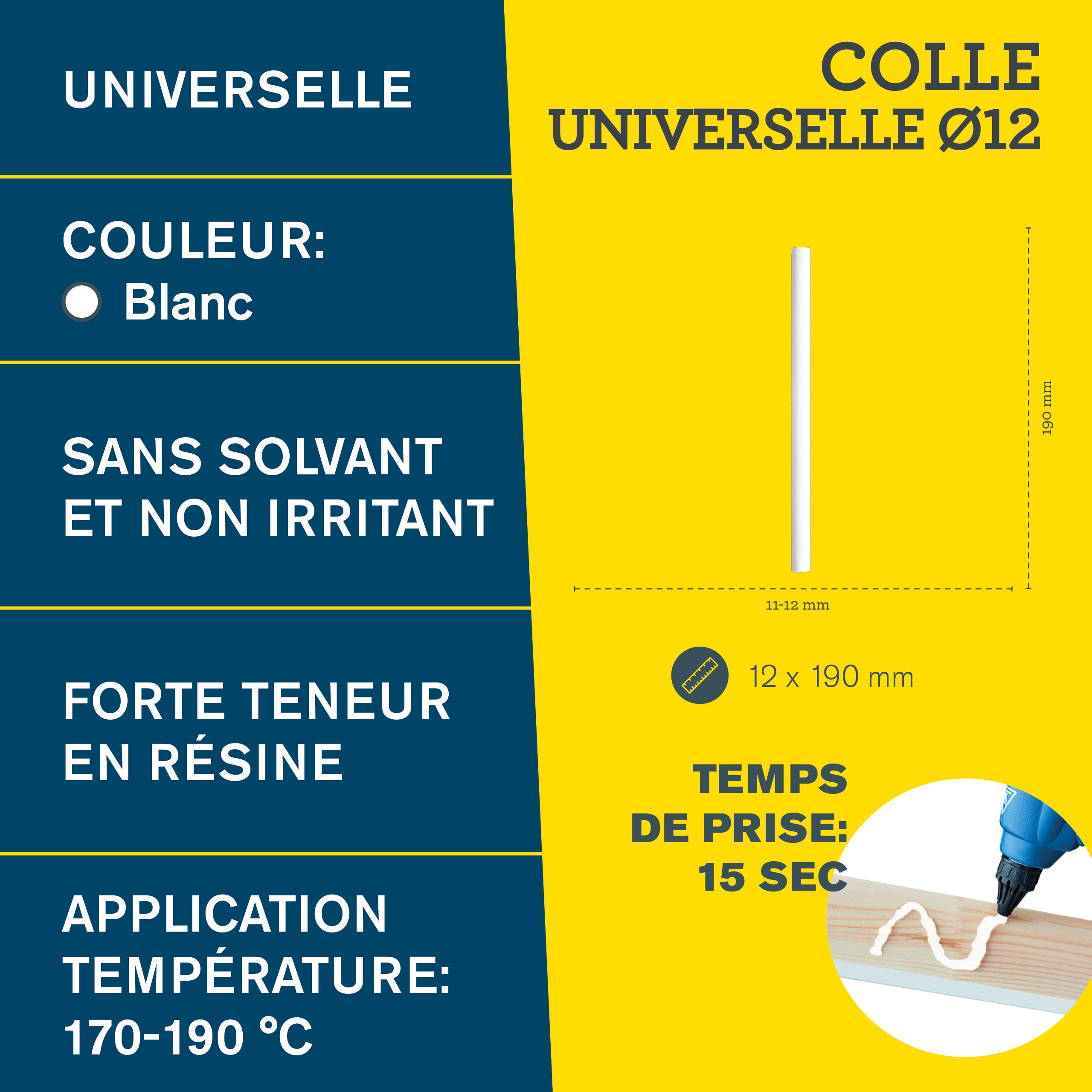 Rapid Collage bâtons de colle universelle blanche 12 mm × 190 mm, 14 pièces