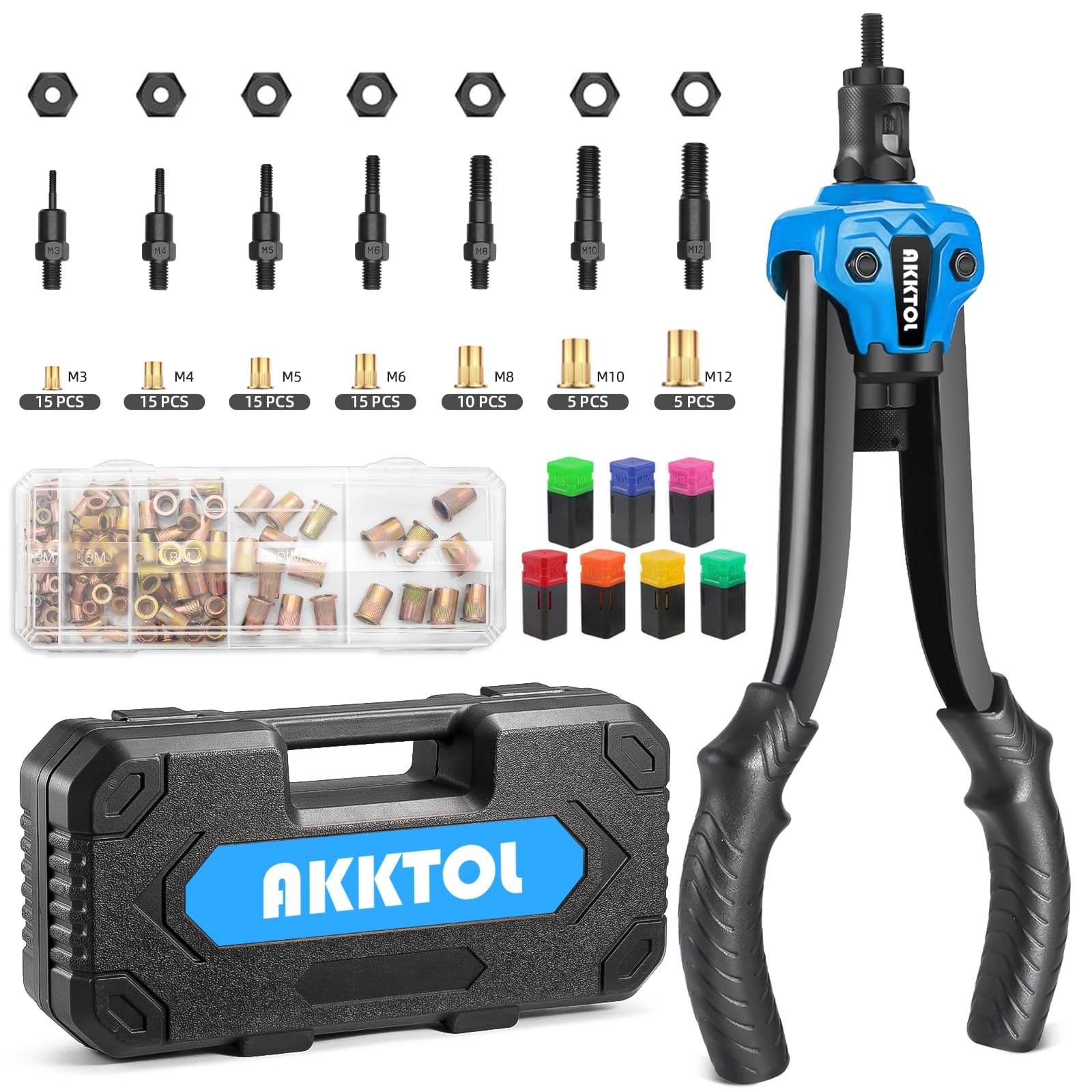 AKKTOL Rivet Nut Tools pince à insert fileté avec coffret, 7 mandrins M3-M12