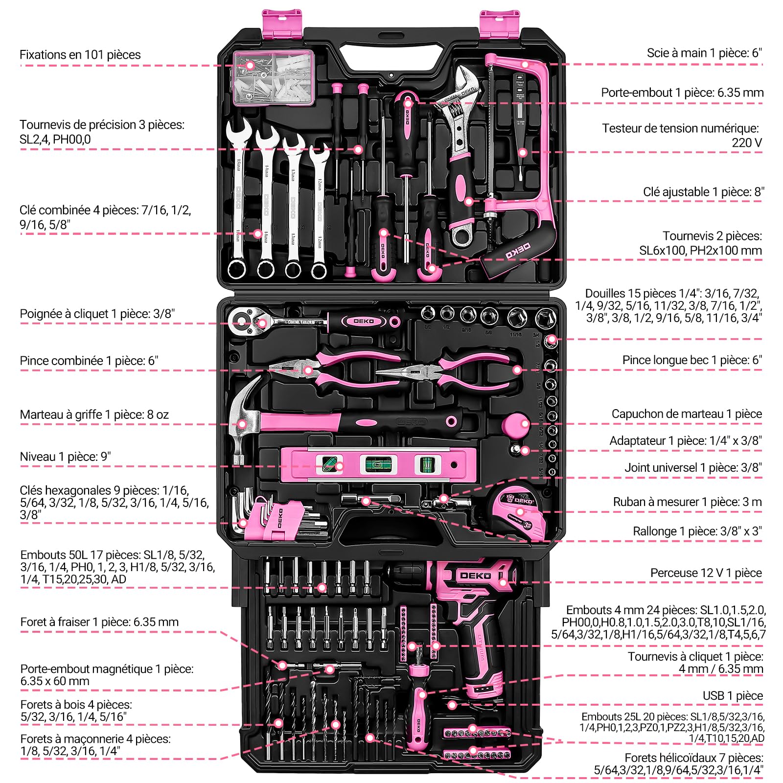 DEKOPRO TOOL KIT caisse à outils 238 pièces avec visseuse 12 V rose