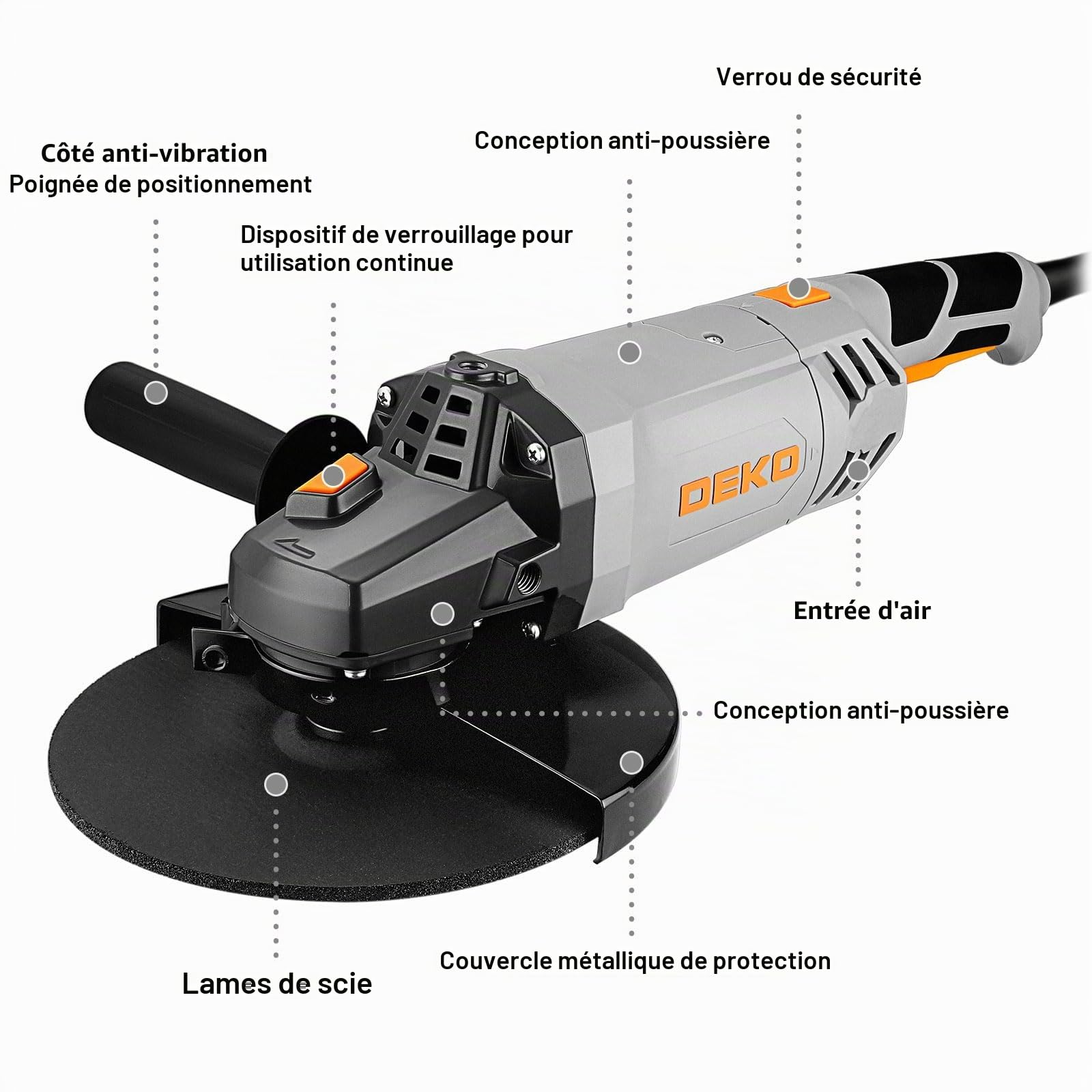 DEKOPRO POWER TOOLS Meuleuse d’angle 230 mm filaire 2200 W