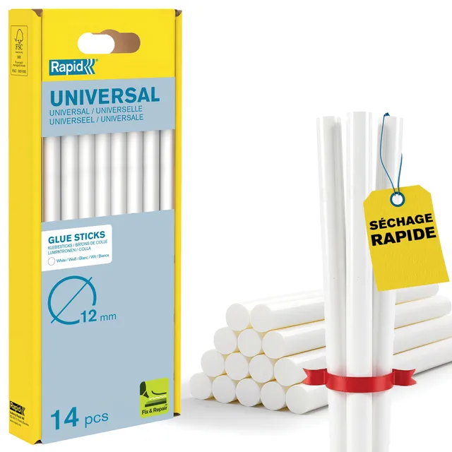 Rapid Collage bâtons de colle universelle blanche 12 mm × 190 mm, 14 pièces