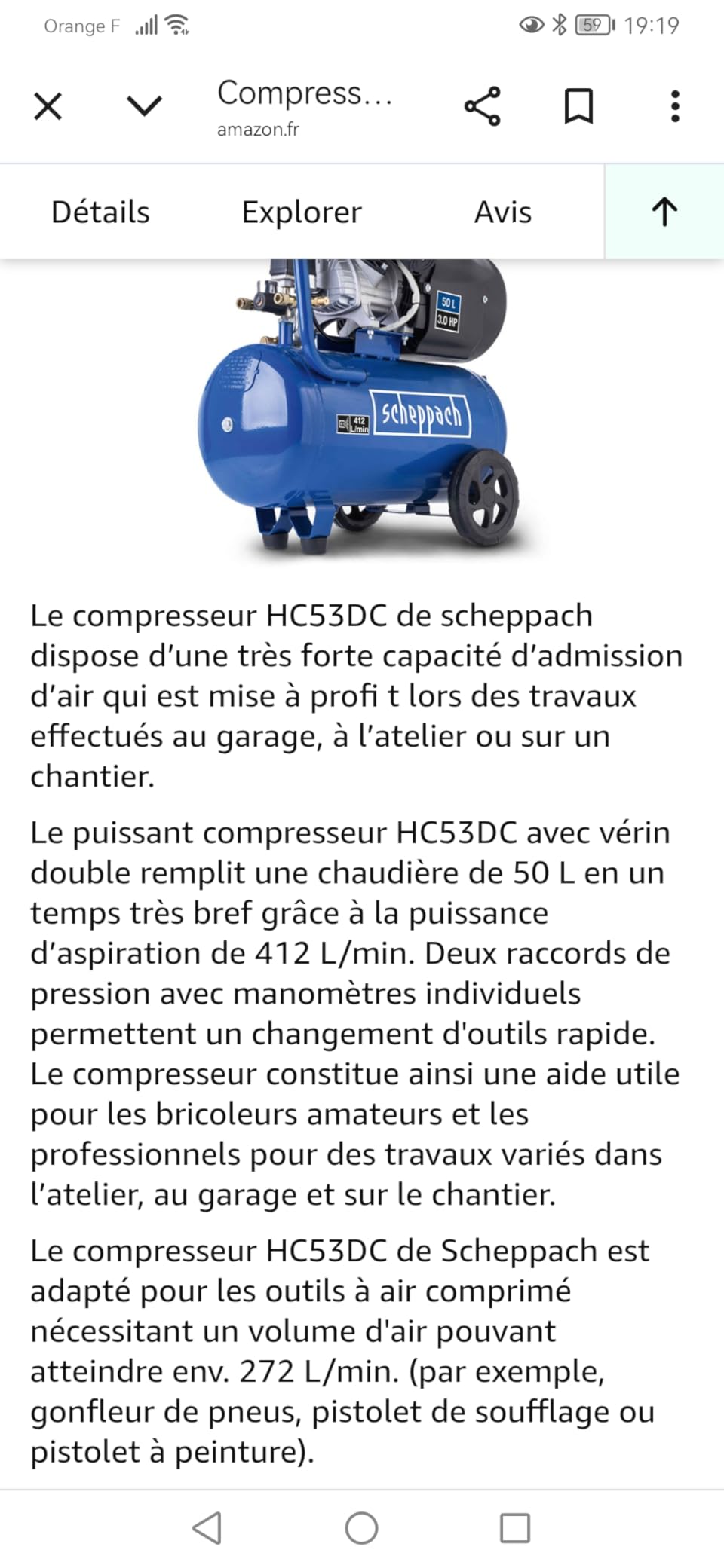 Scheppach HC Series HC53DC compresseur bicylindre 50 L 2200 W