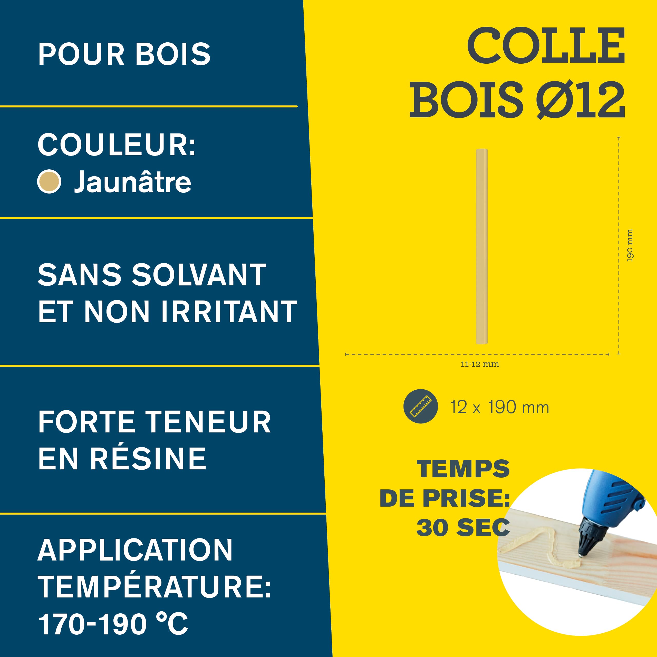 Rapid’os 16 Collage bâtons de colle bois Ø12 × 190 mm, 14 pièces, sans solvant