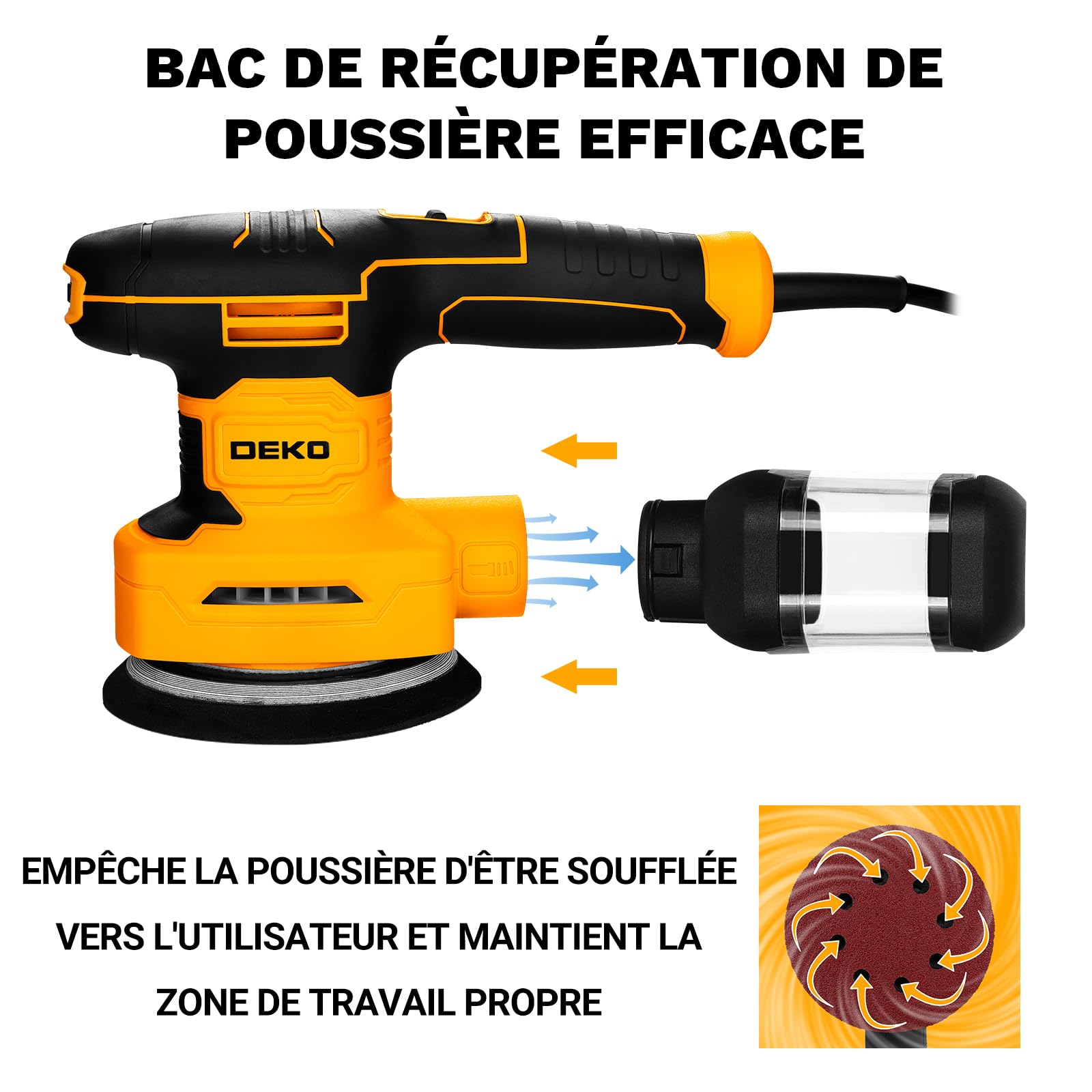 DEKOPRO POWER TOOLS Multifonction 300W ponceuse 3 en 1, 15 abrasifs, 6 vitesses