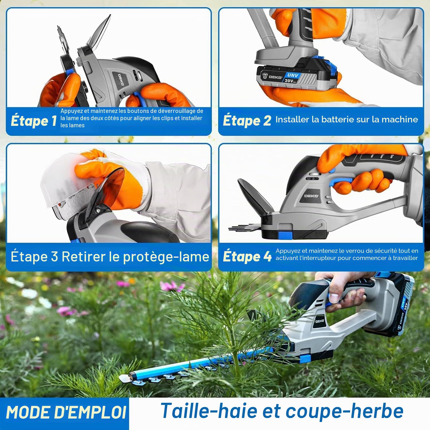 DEKOPRO GARDEN TOOLS Taille-haie 2-en-1 sans fil 20 V, batterie 2 Ah