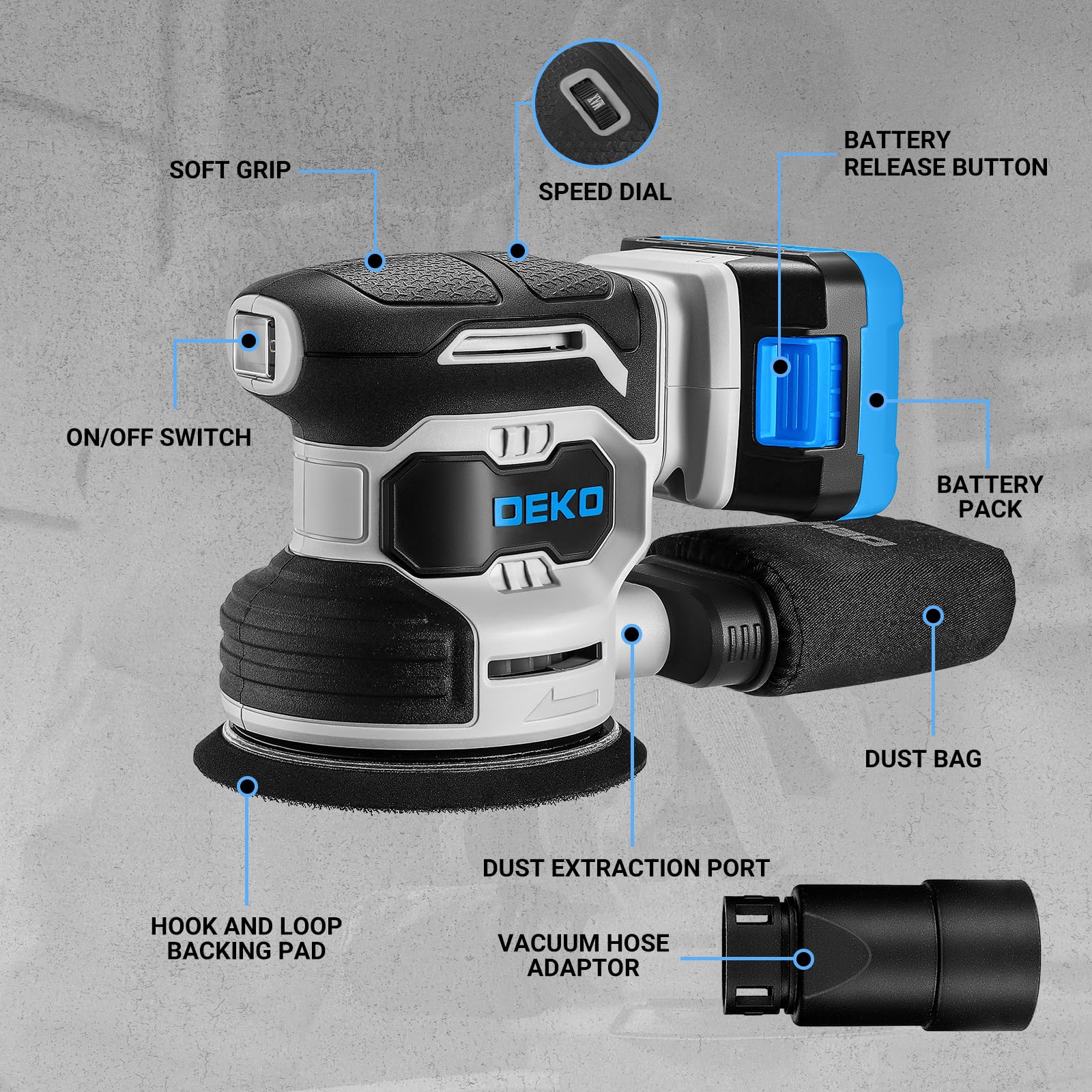 DEKOPRO POWER TOOLS ponceuse excentrique 20 V 125 mm bleue