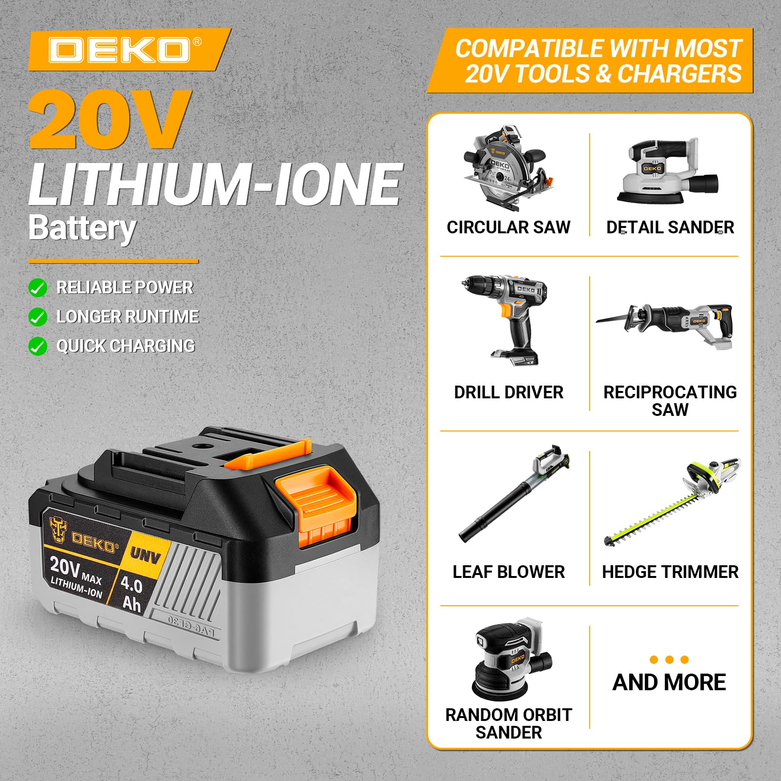 DEKOPRO POWER TOOLS batterie de remplacement 20V batterie lithium-ion