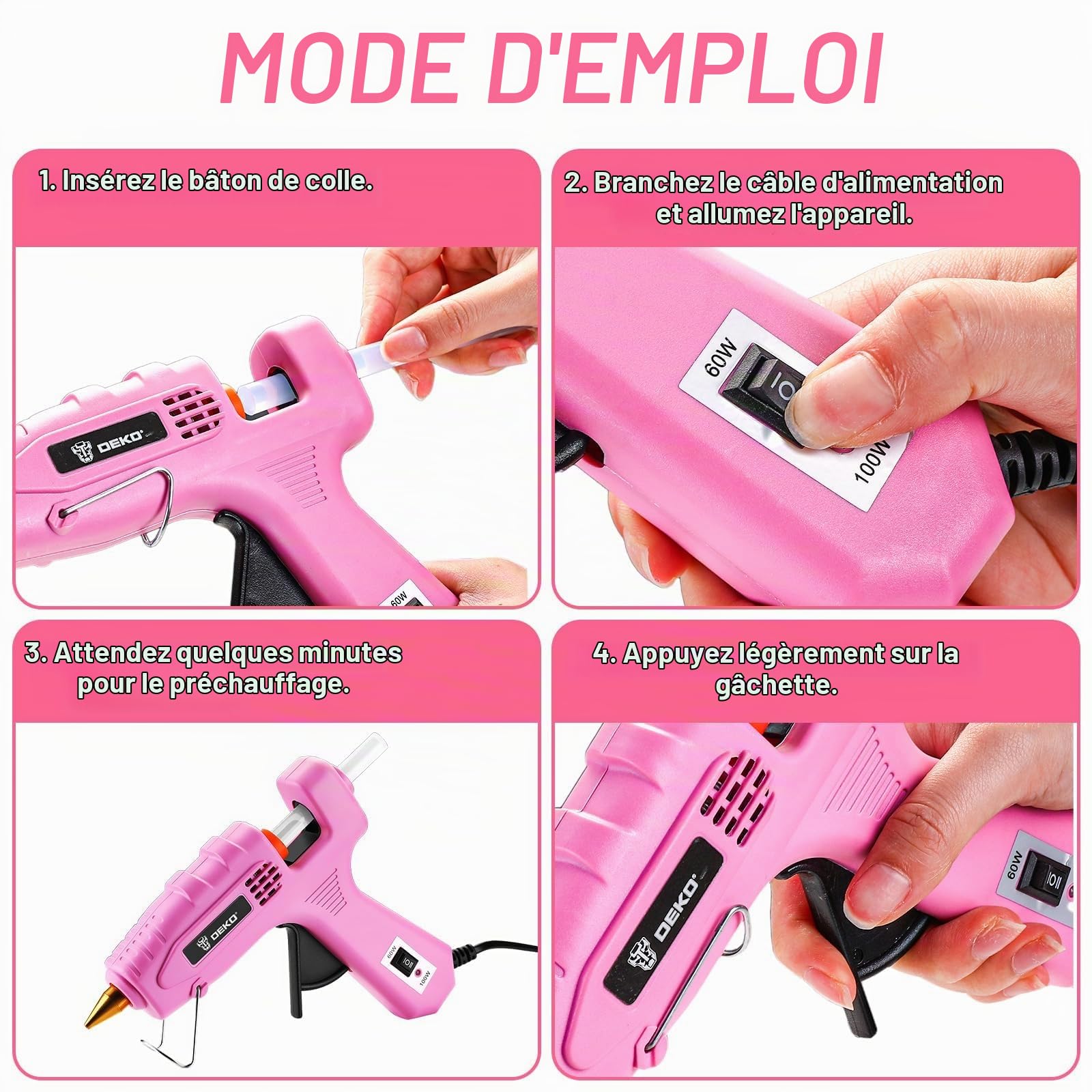DEKOPRO POWER TOOLS pistolet à colle chaude 60/100 W gris rose, 25 bâtons