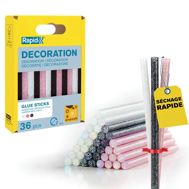 Rapid’os 16 Collage bâtons de colle pailletés 7 mm 36 pièces blanc rose noir