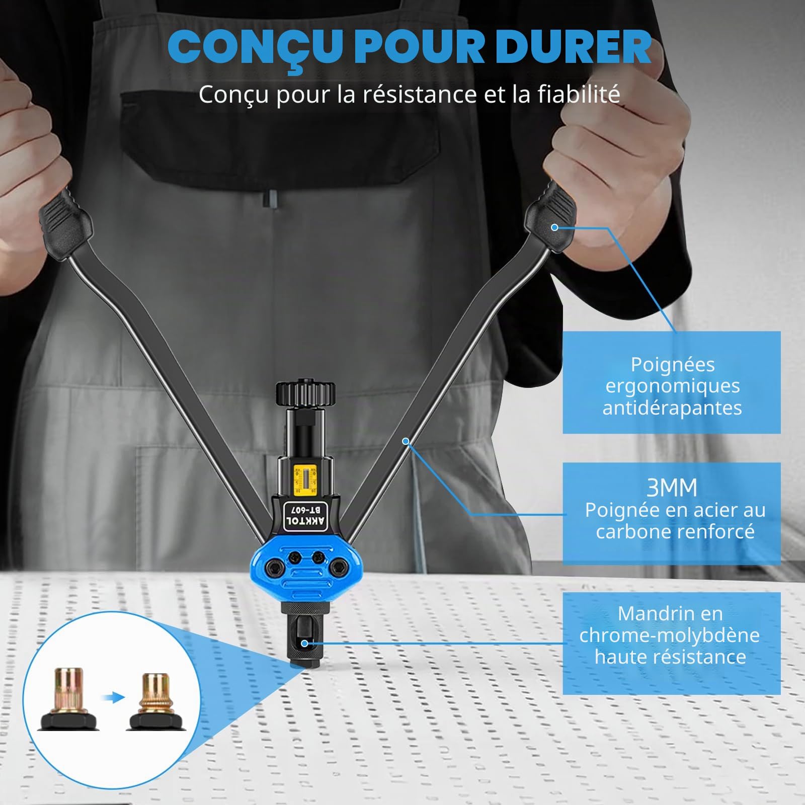 AKKTOL Rivet Nut Tools BT607 pince à écrous à sertir bleue, kit 80 pièces